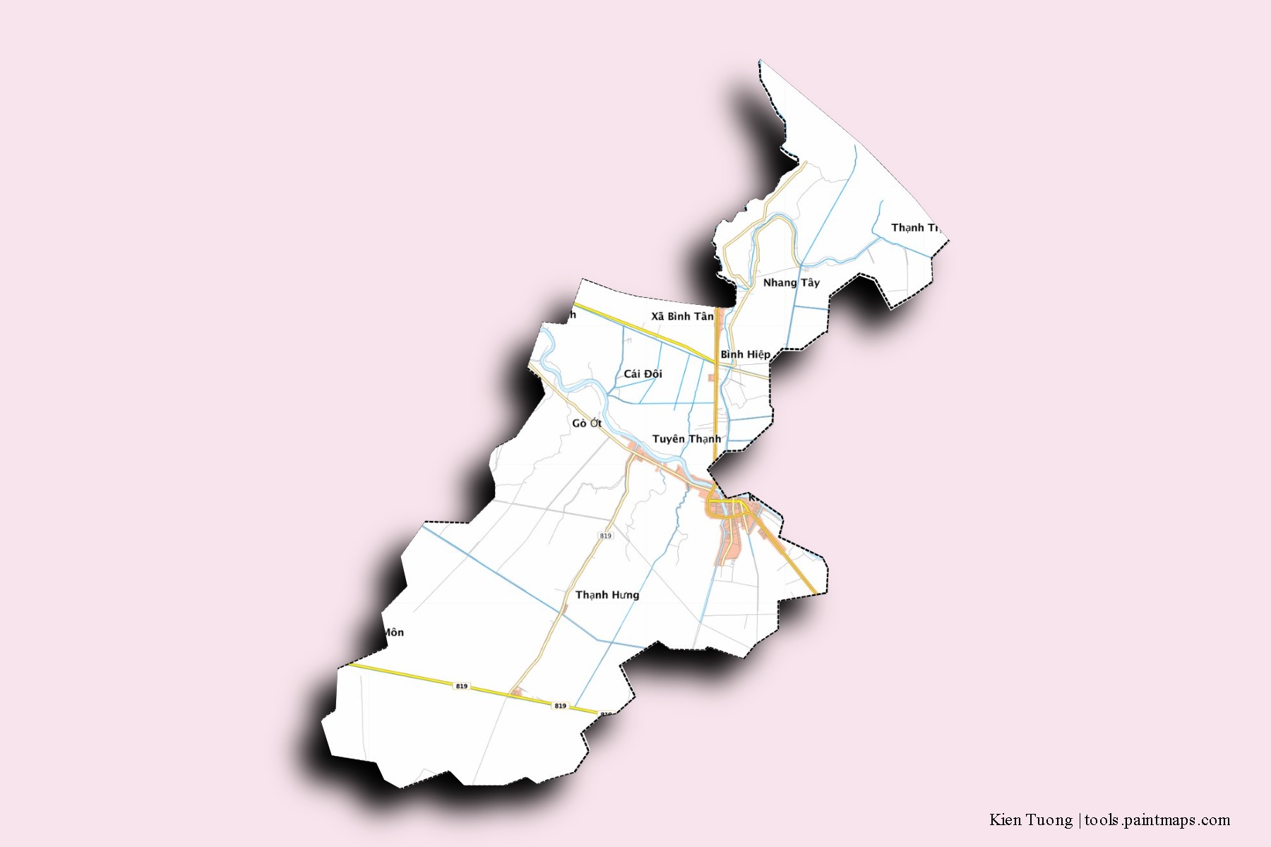 Mapa de barrios y pueblos de Kien Tuong con efecto de sombra 3D