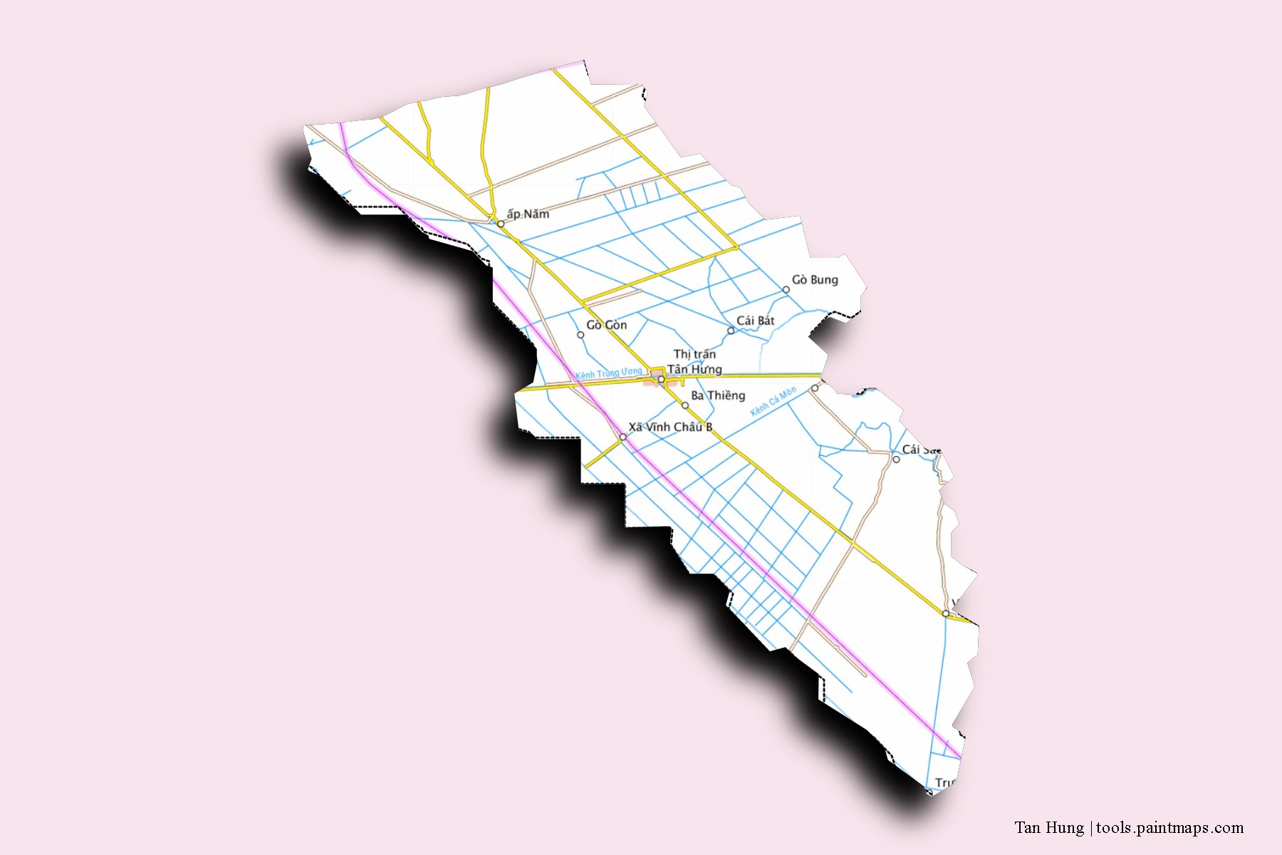 Tan Hung neighborhoods and villages map with 3D shadow effect