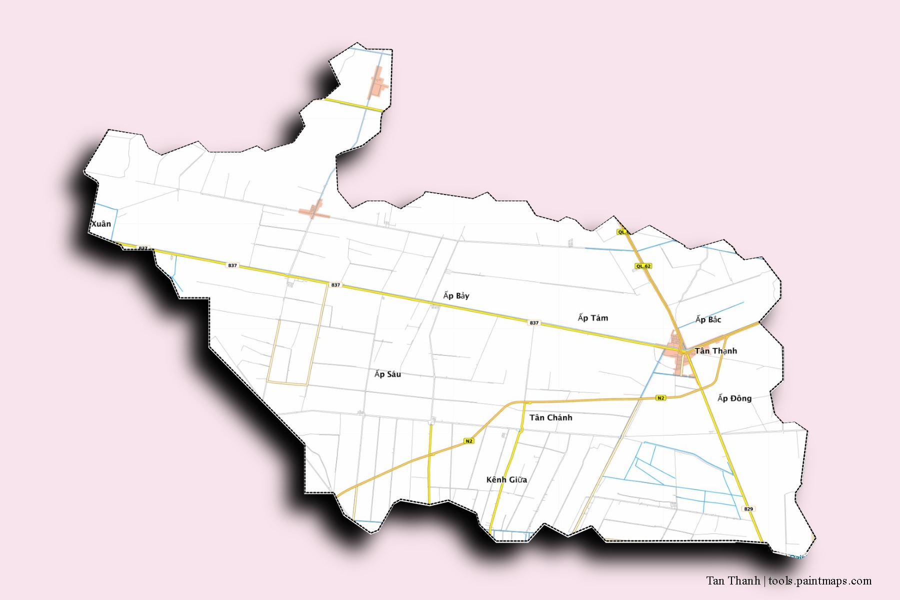 Tan Thanh neighborhoods and villages map with 3D shadow effect