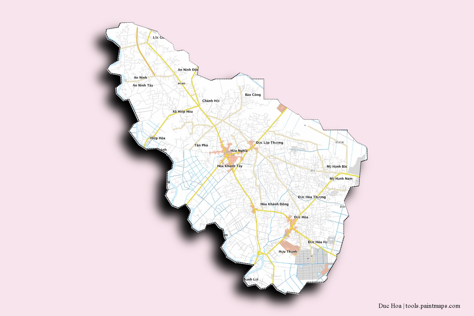 Duc Hoa neighborhoods and villages map with 3D shadow effect