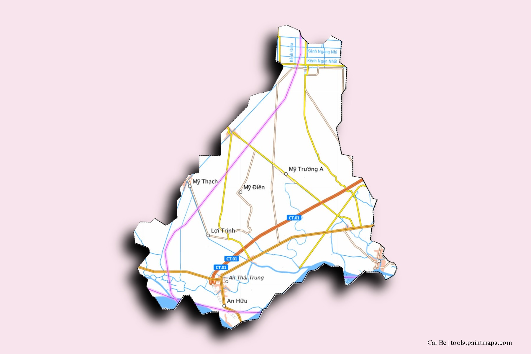 Cai Be neighborhoods and villages map with 3D shadow effect