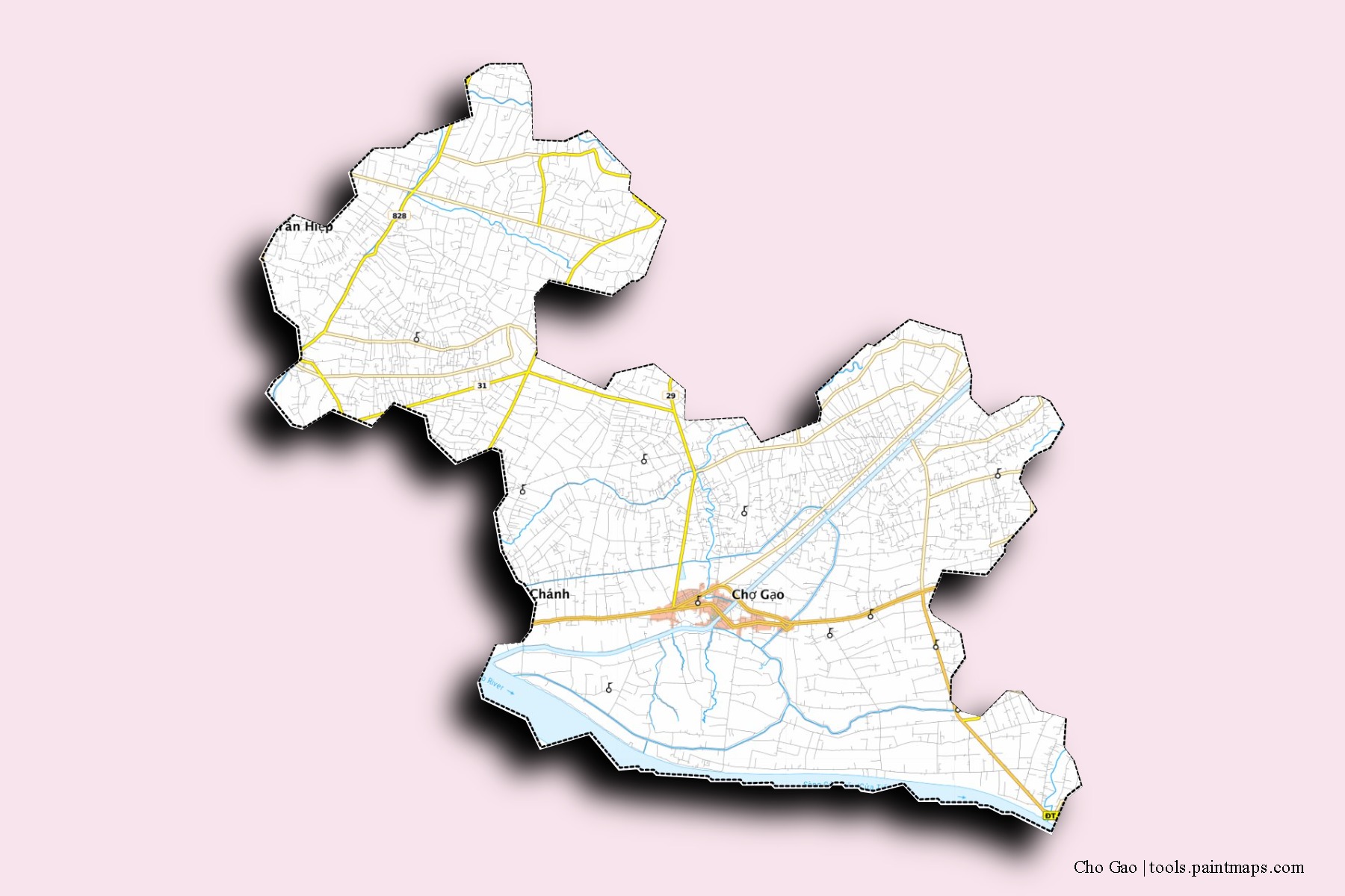 Mapa de barrios y pueblos de Cho Gao con efecto de sombra 3D