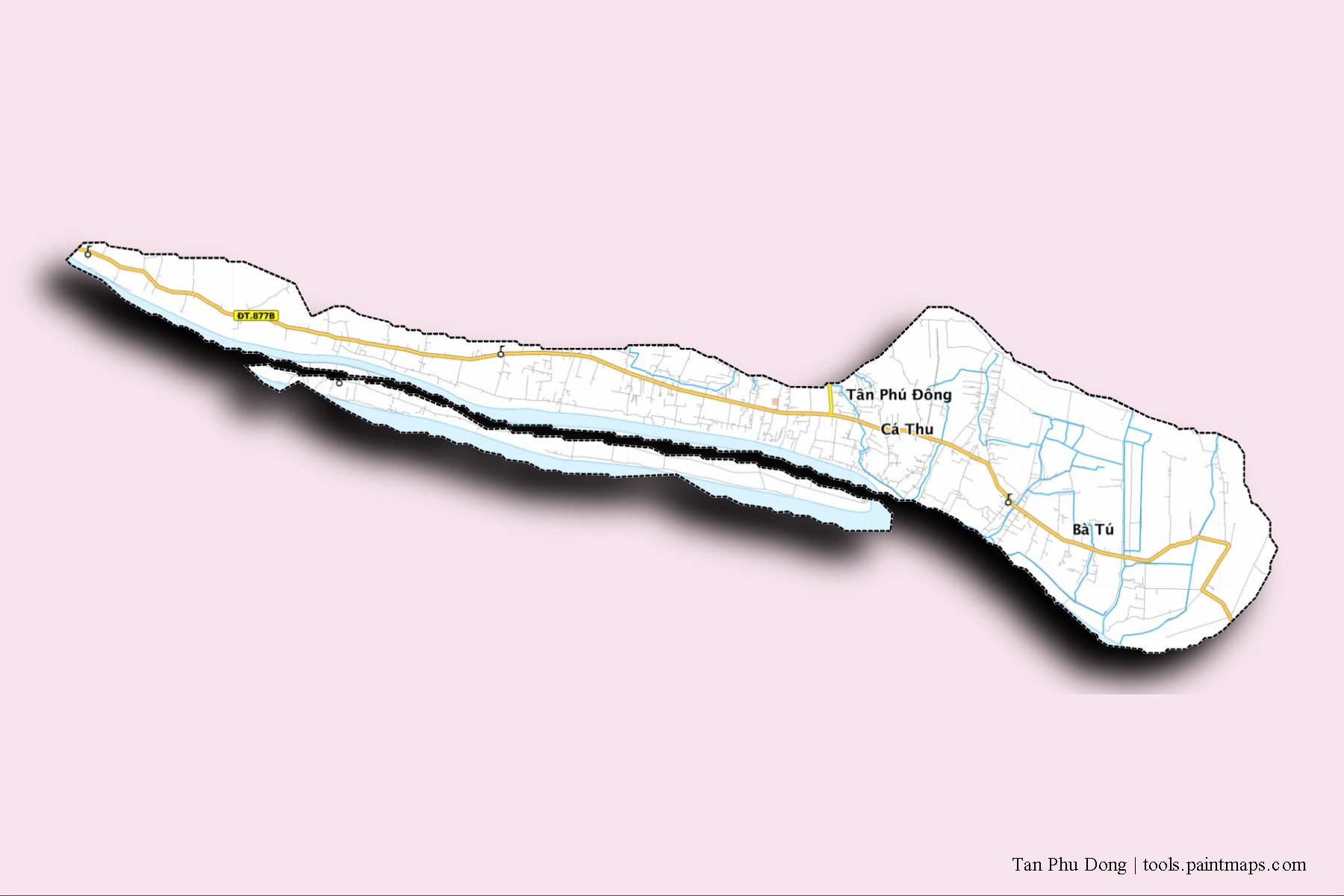 Mapa de barrios y pueblos de Tan Phu Dong con efecto de sombra 3D