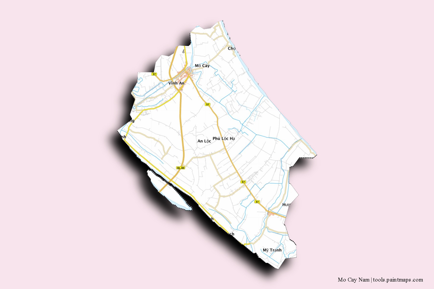 Mo Cay Nam neighborhoods and villages map with 3D shadow effect