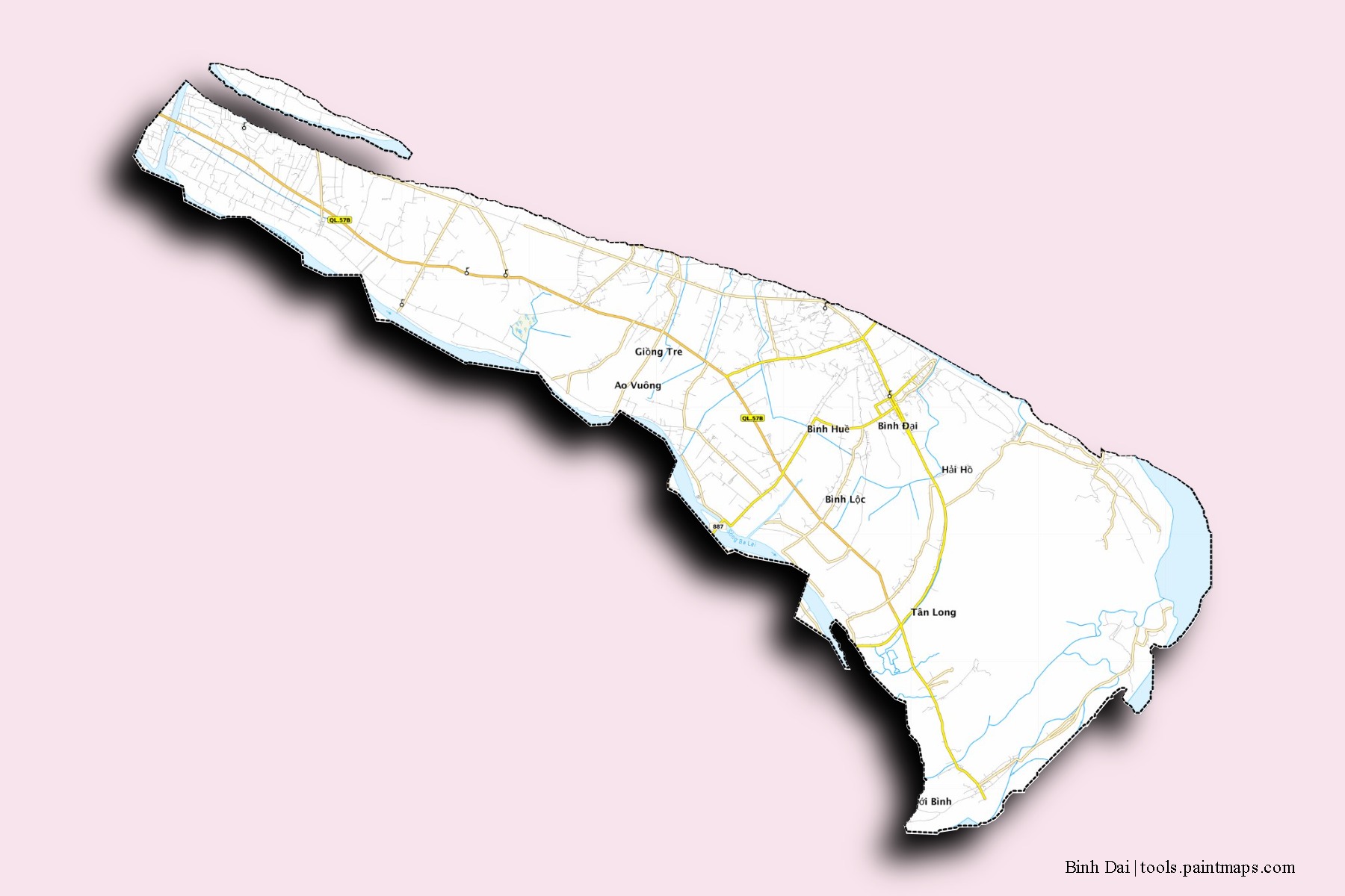 Mapa de barrios y pueblos de Binh Dai con efecto de sombra 3D