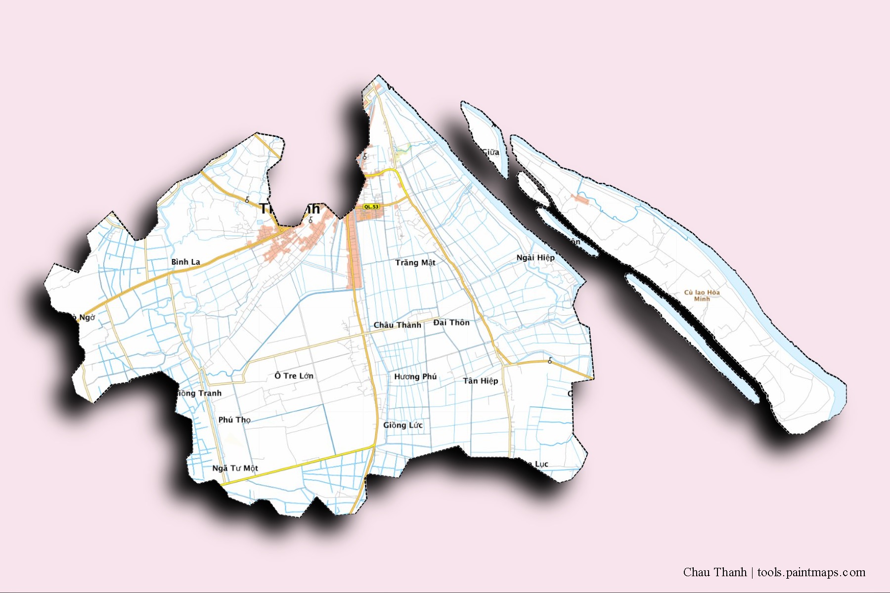 Chau Thanh neighborhoods and villages map with 3D shadow effect