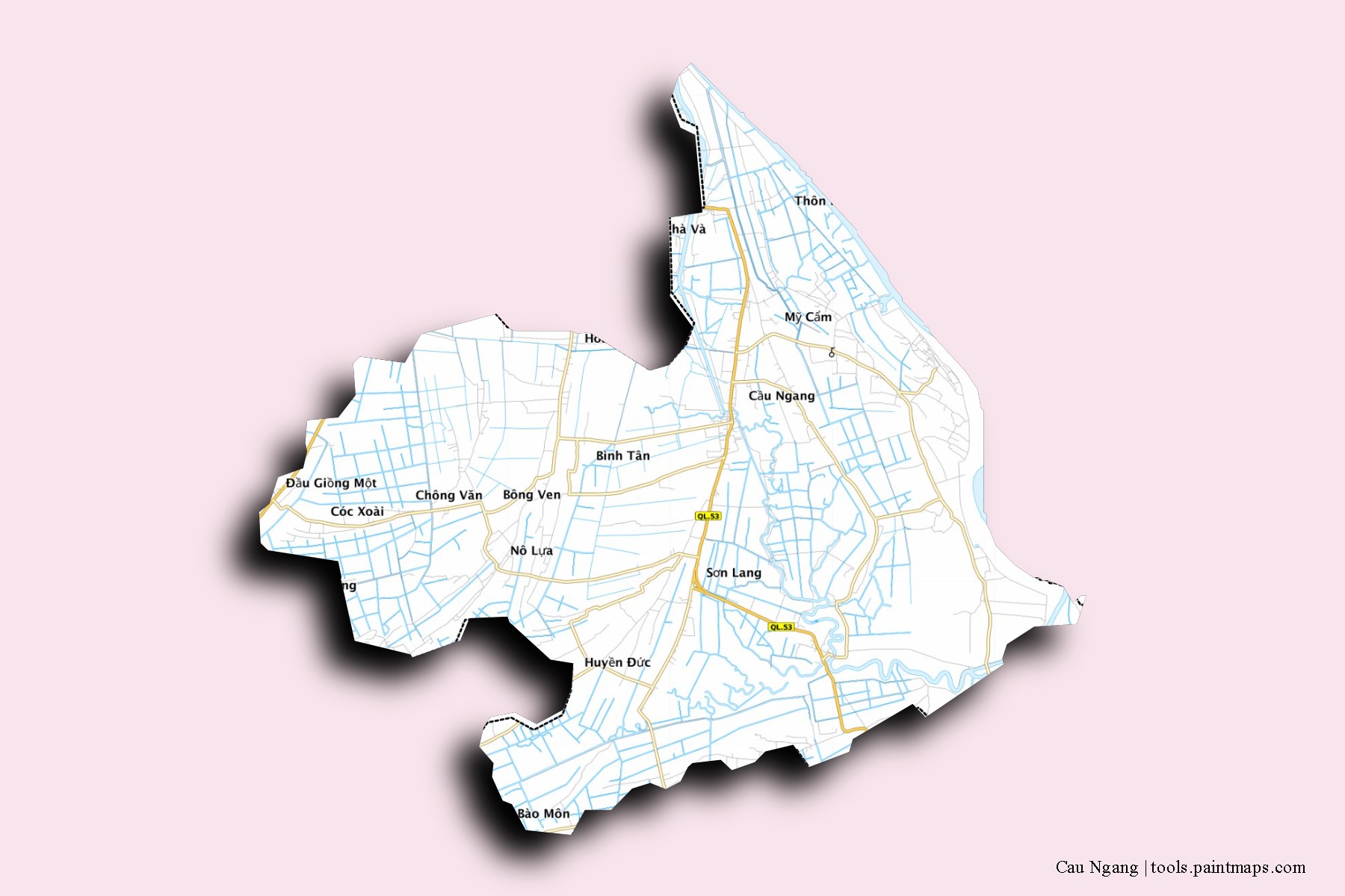 Cau Ngang neighborhoods and villages map with 3D shadow effect