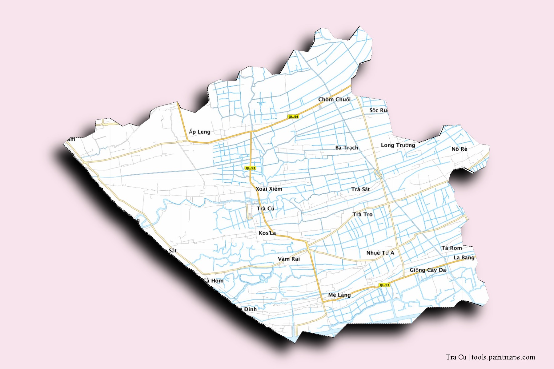 Mapa de barrios y pueblos de Tra Cu con efecto de sombra 3D