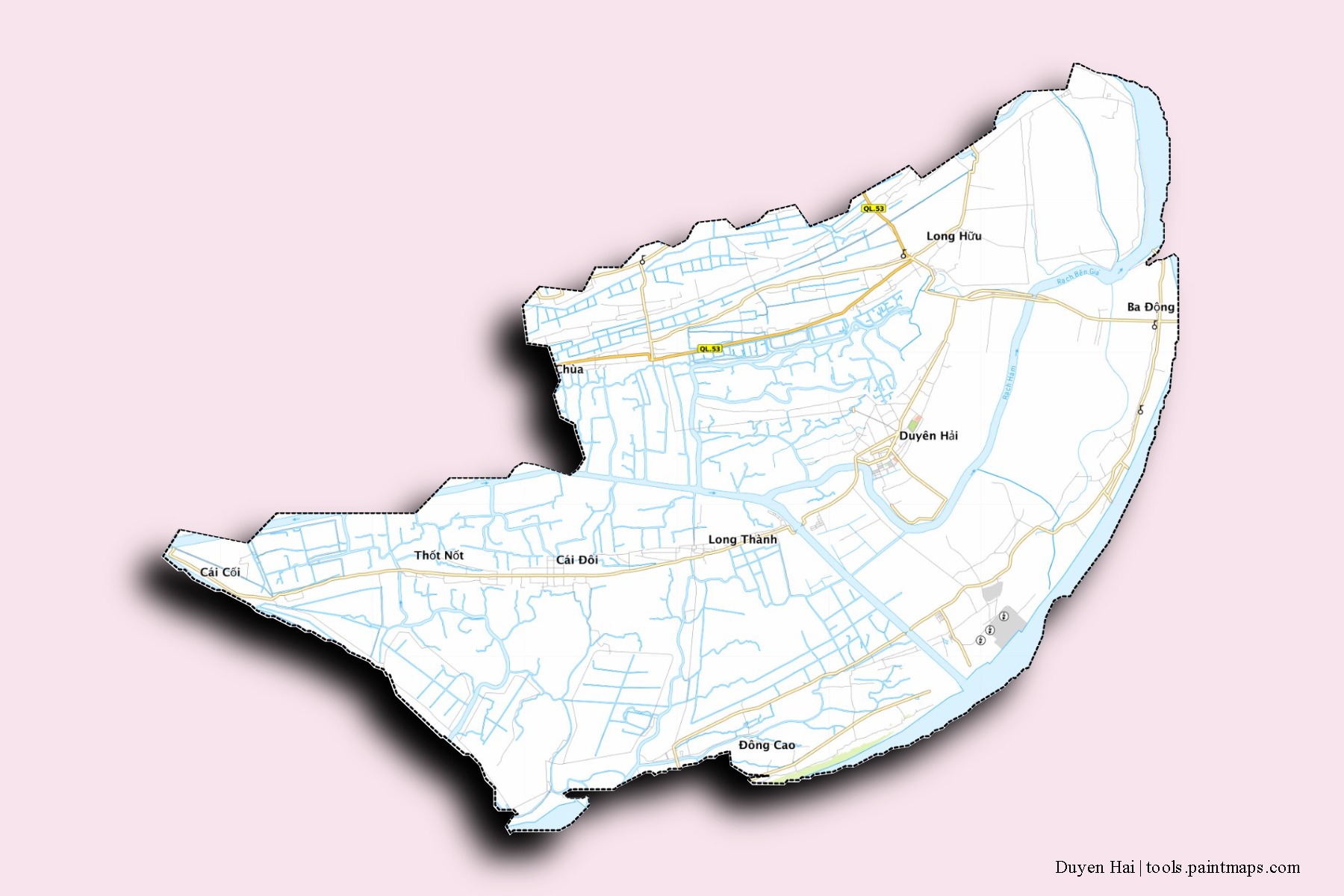 Duyen Hai neighborhoods and villages map with 3D shadow effect