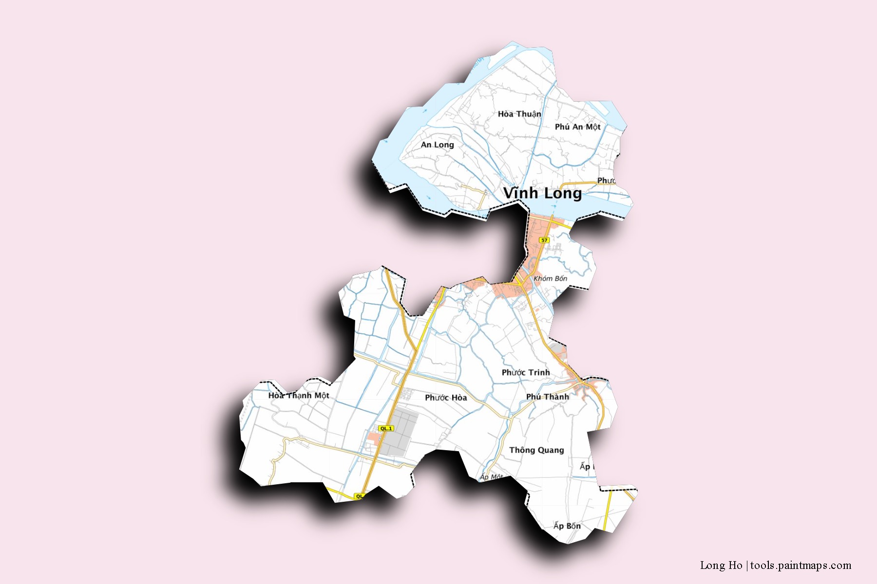 Mapa de barrios y pueblos de Long Ho con efecto de sombra 3D