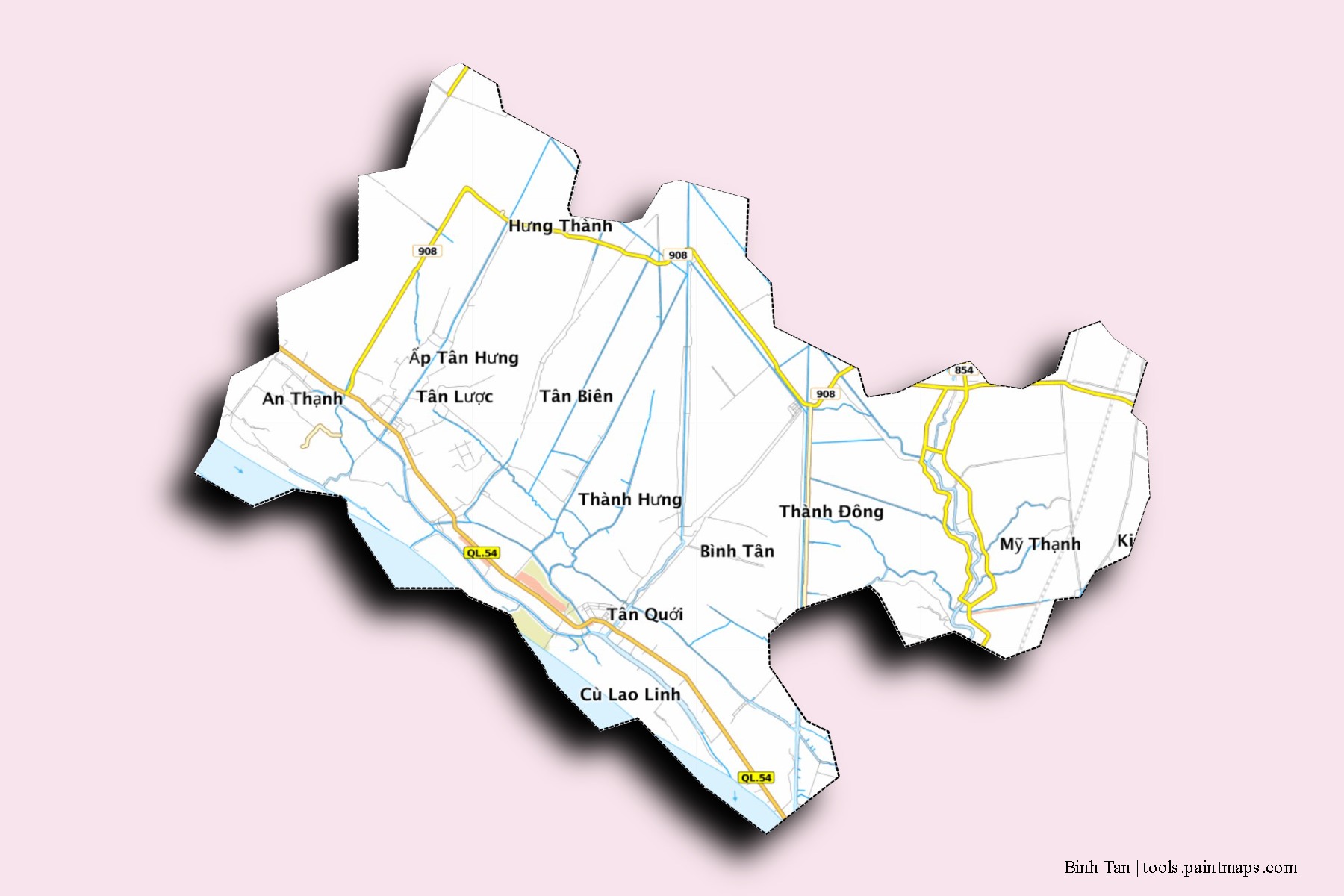 Binh Tan neighborhoods and villages map with 3D shadow effect