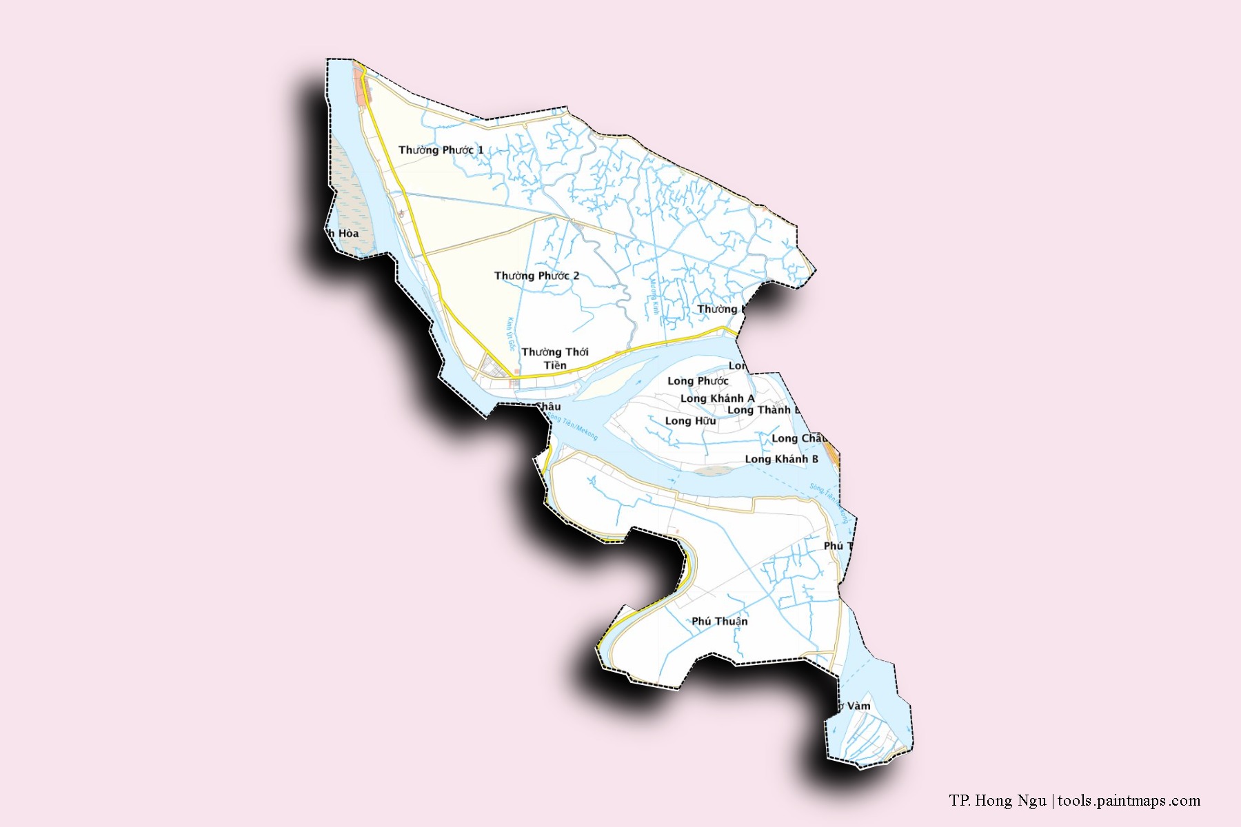 Mapa de barrios y pueblos de TP. Hong Ngu con efecto de sombra 3D