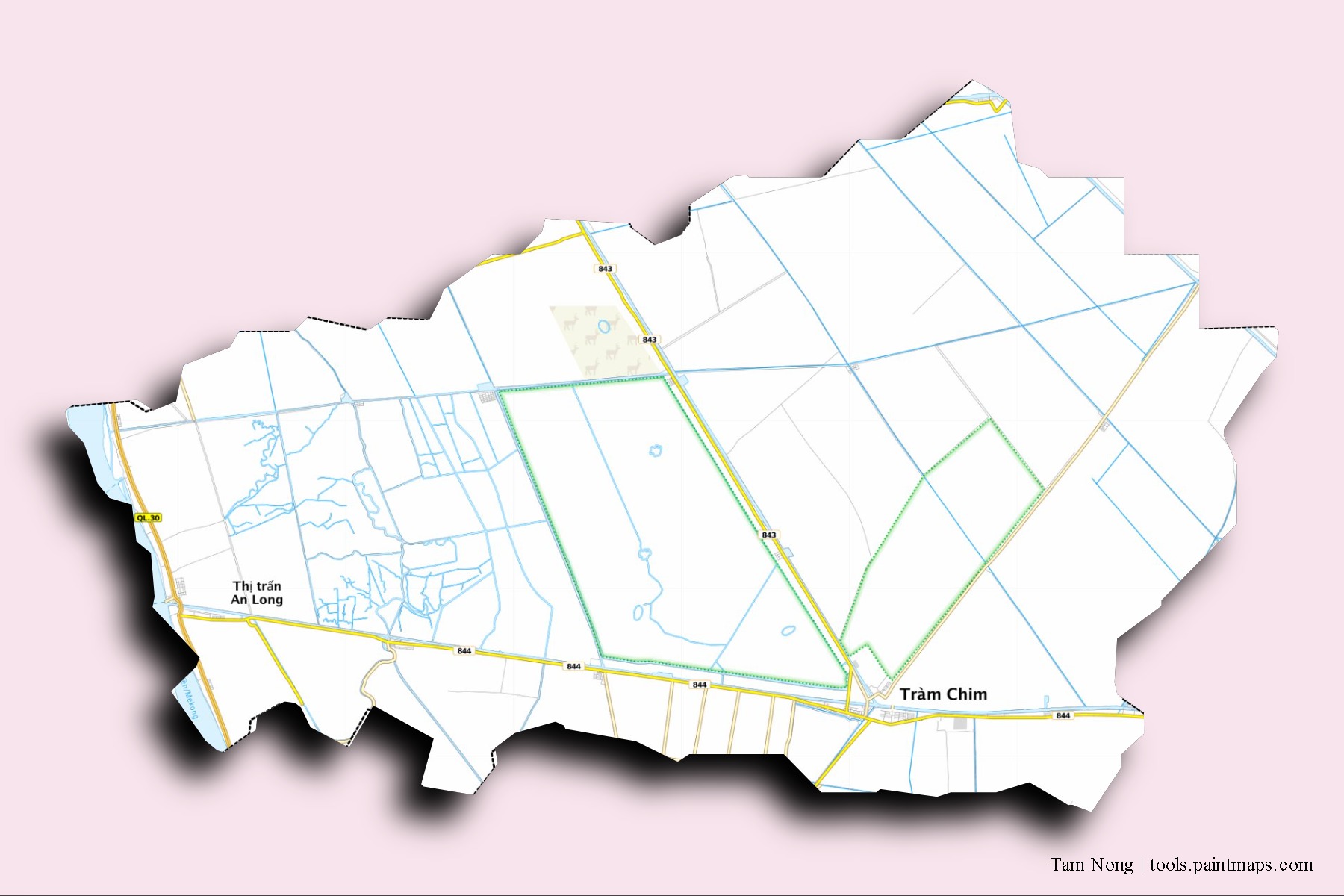 Mapa de barrios y pueblos de Tam Nong con efecto de sombra 3D