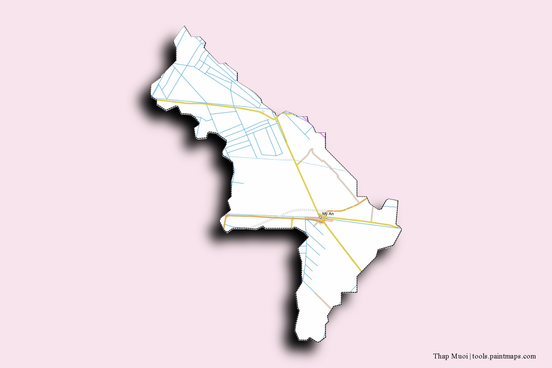 Thap Muoi neighborhoods and villages map with 3D shadow effect