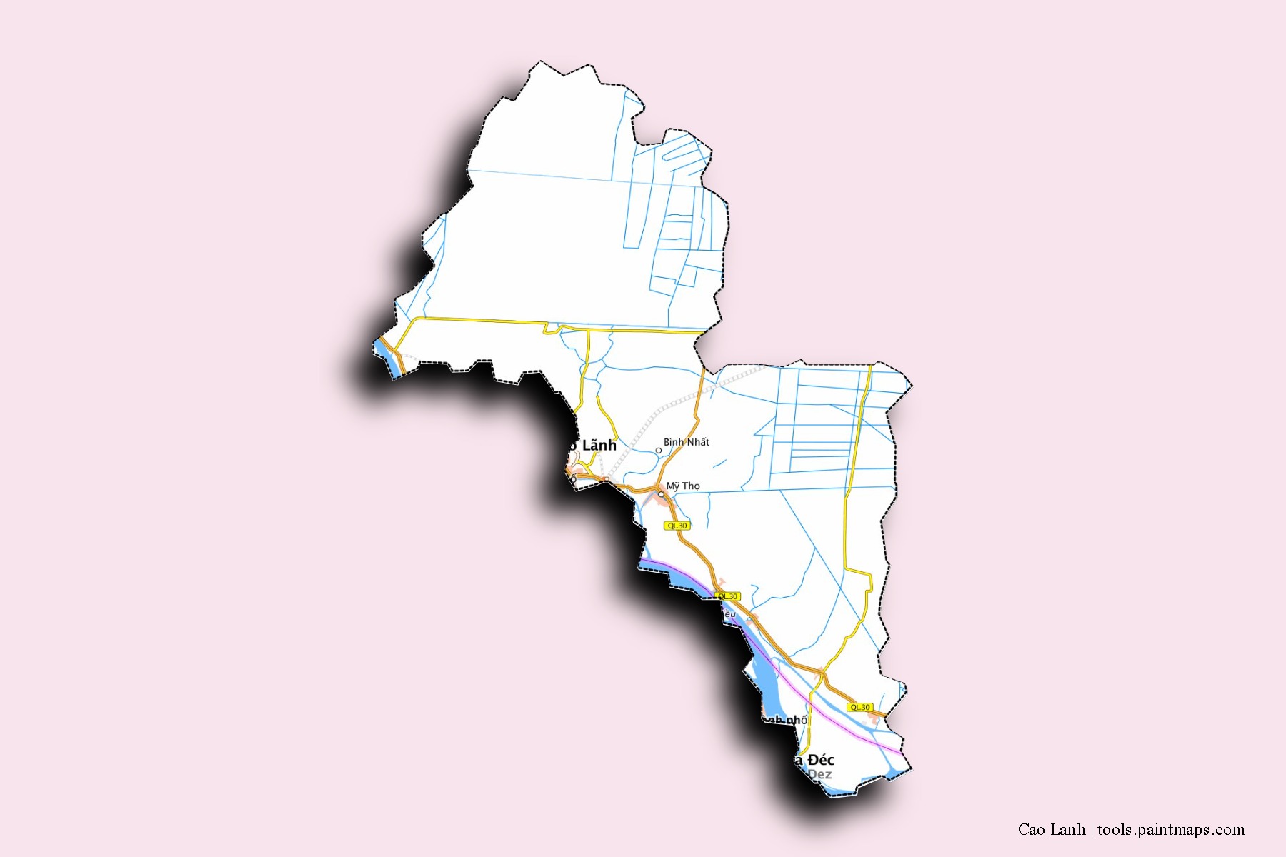 Cao Lãnh neighborhoods and villages map with 3D shadow effect