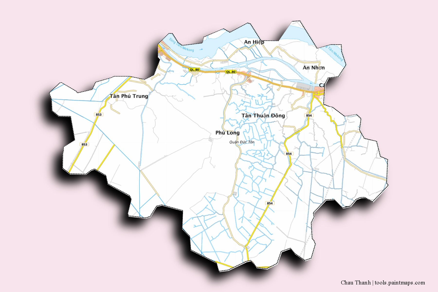 Mapa de barrios y pueblos de Chau Thanh con efecto de sombra 3D