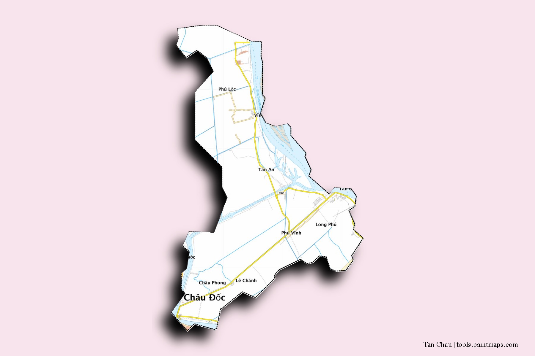 Tan Chau neighborhoods and villages map with 3D shadow effect