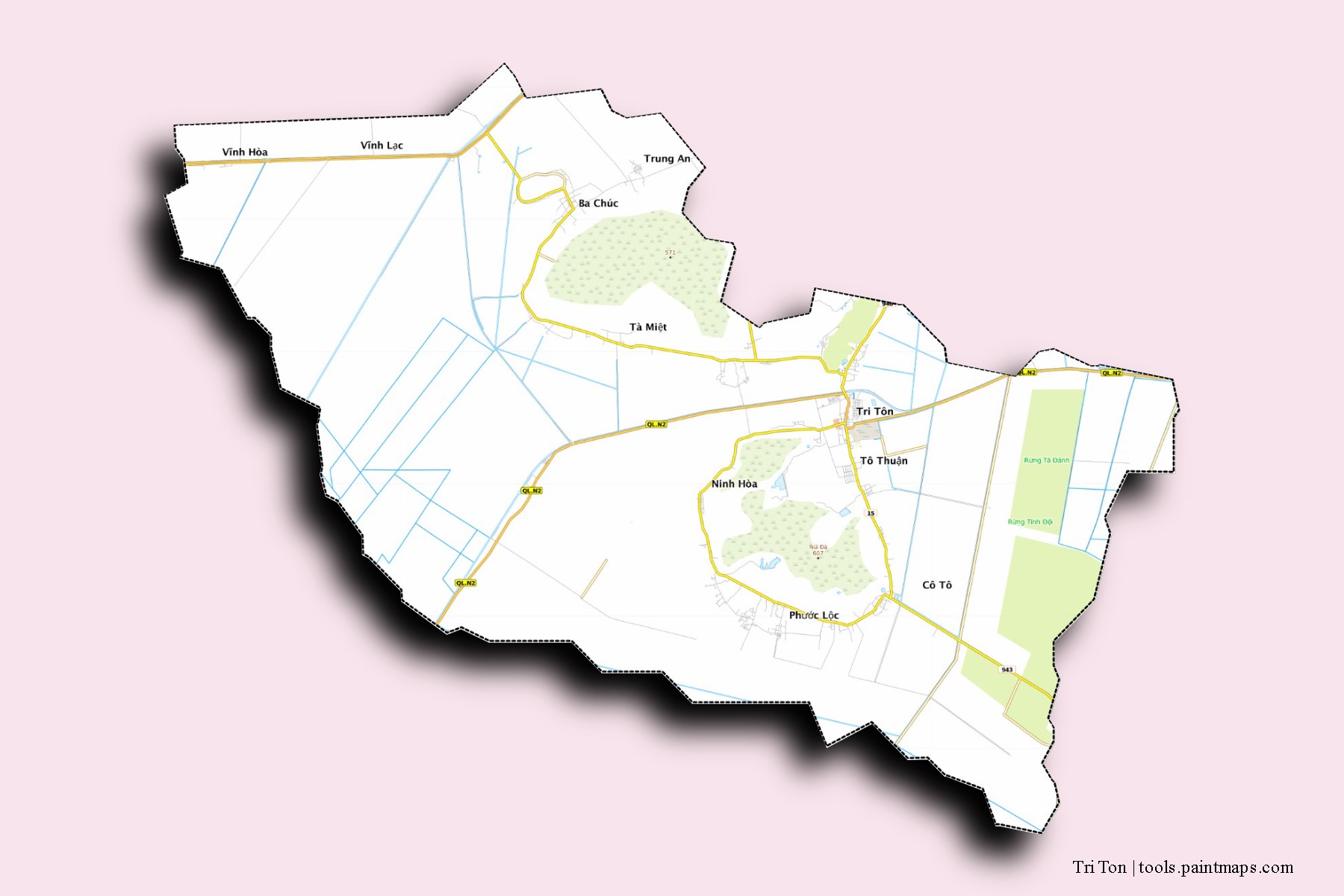 Tri Ton neighborhoods and villages map with 3D shadow effect