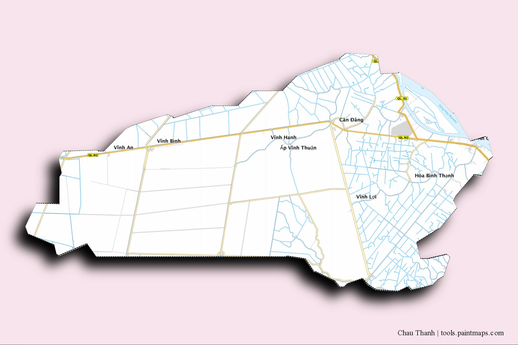 Chau Thanh neighborhoods and villages map with 3D shadow effect