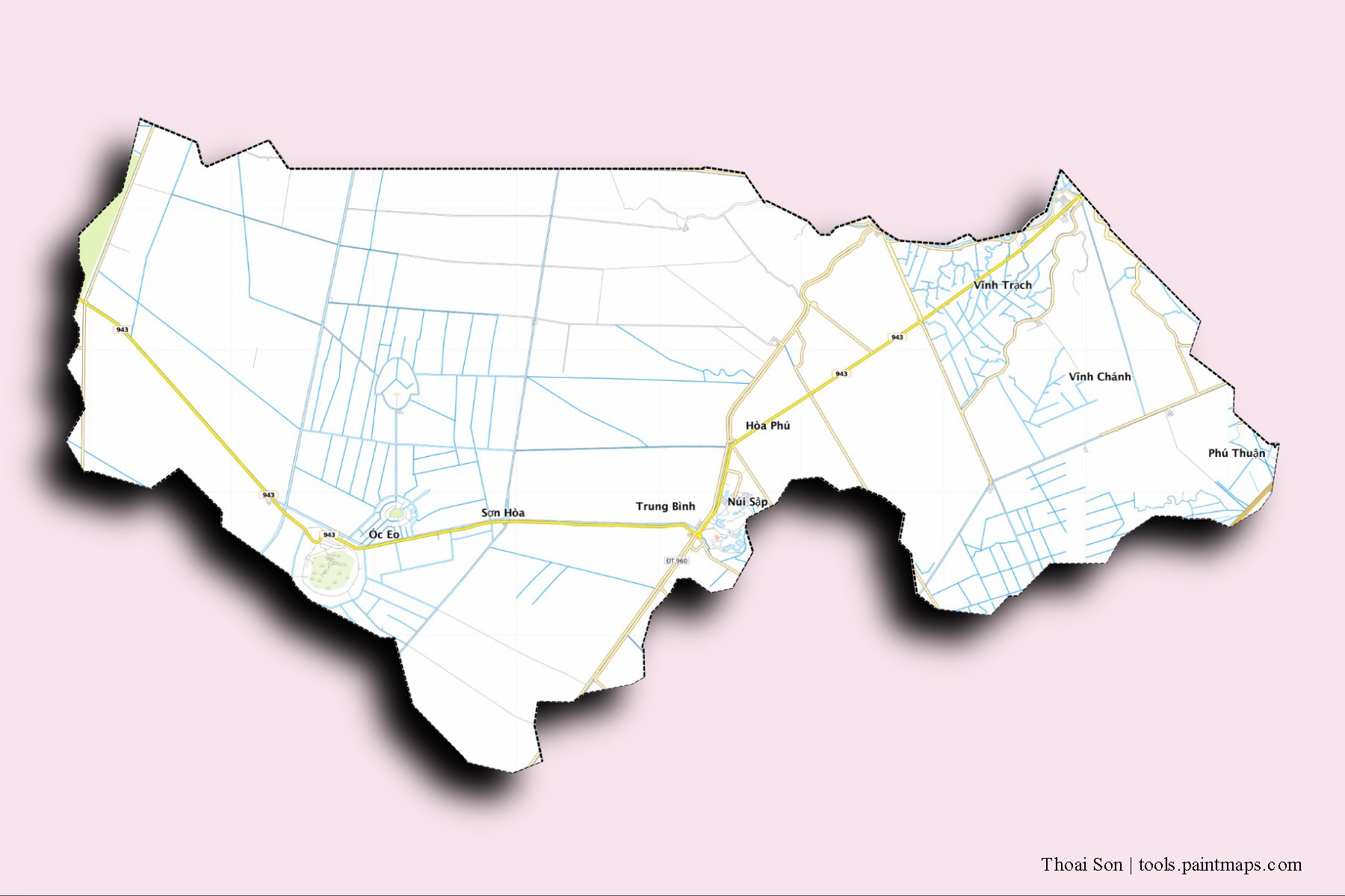 Mapa de barrios y pueblos de Thoai Son con efecto de sombra 3D