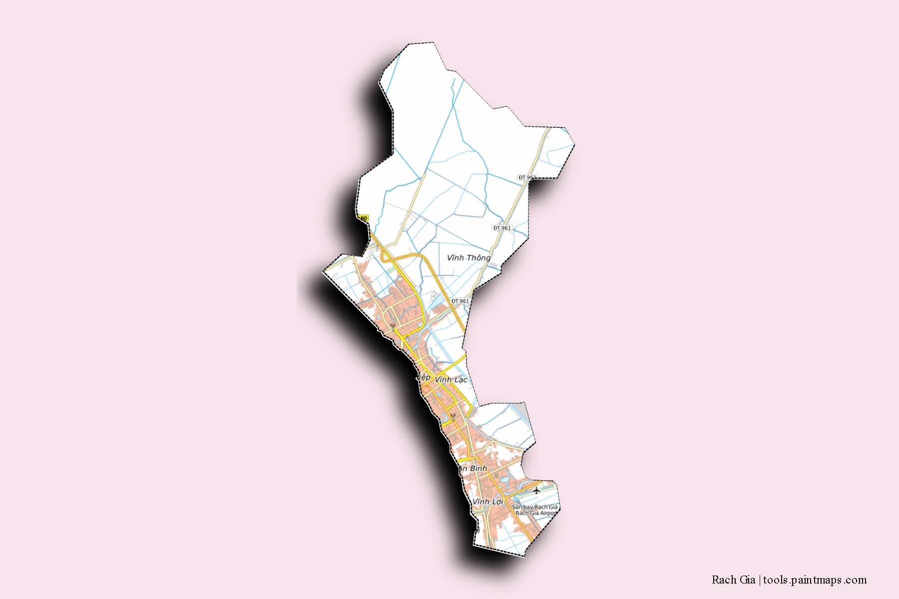 Rach Gia neighborhoods and villages map with 3D shadow effect