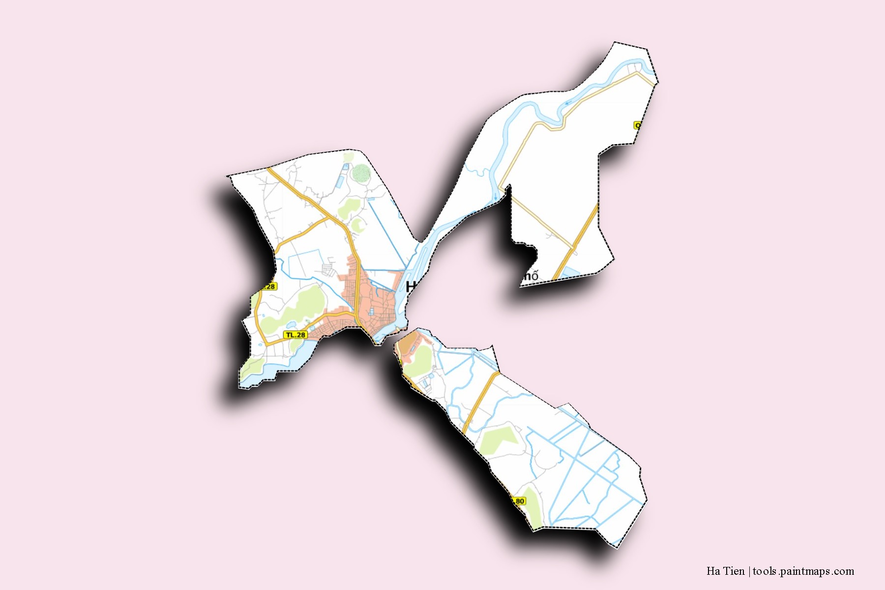 Ha Tien neighborhoods and villages map with 3D shadow effect