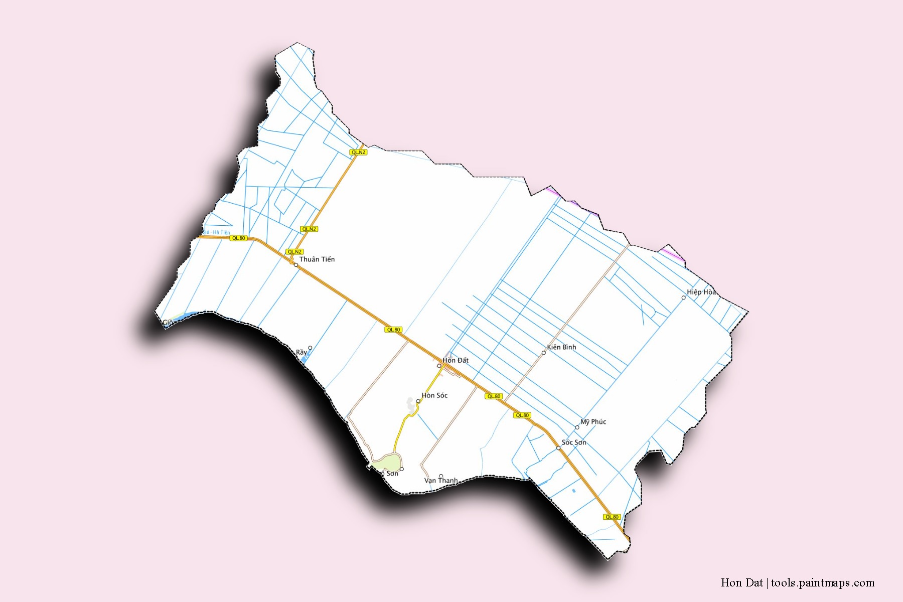 Mapa de barrios y pueblos de Hon Dat con efecto de sombra 3D