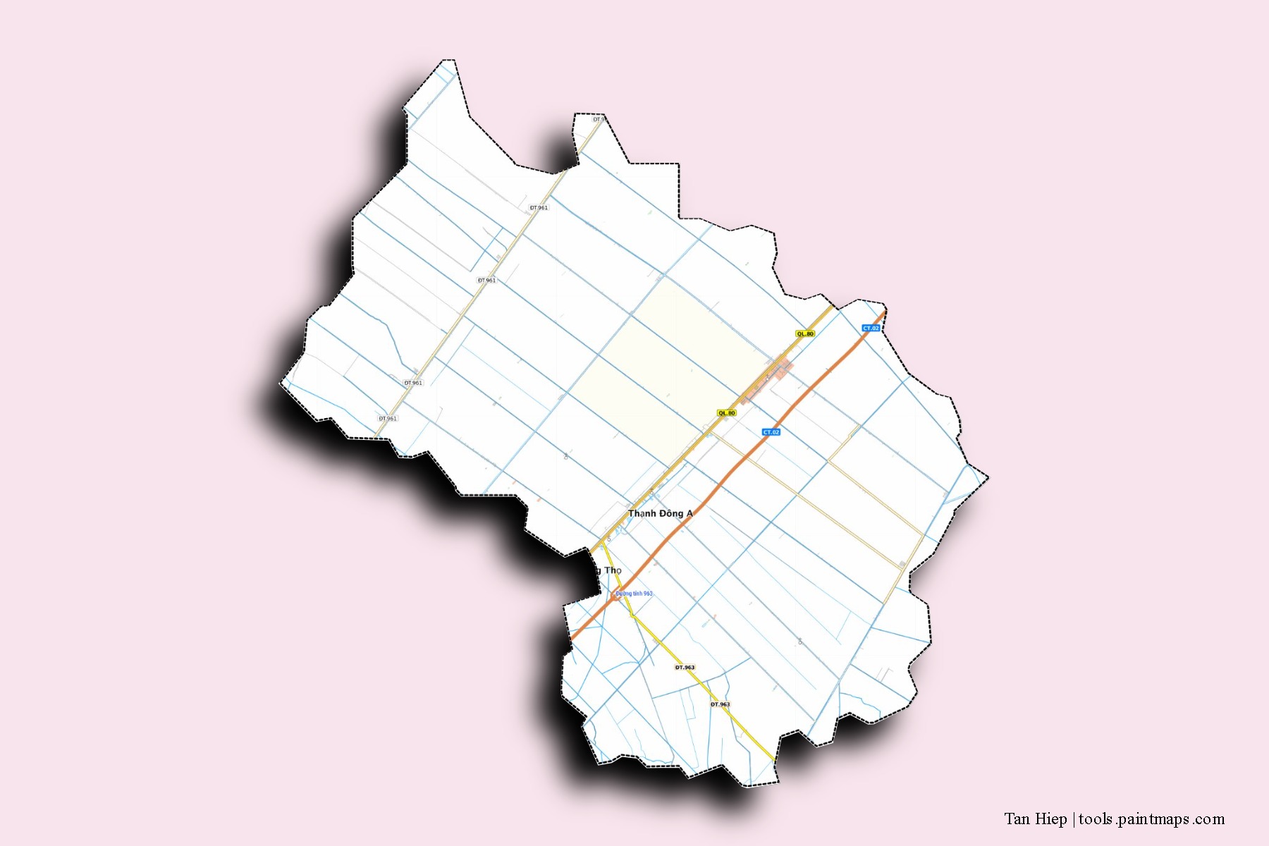 Tan Hiep neighborhoods and villages map with 3D shadow effect