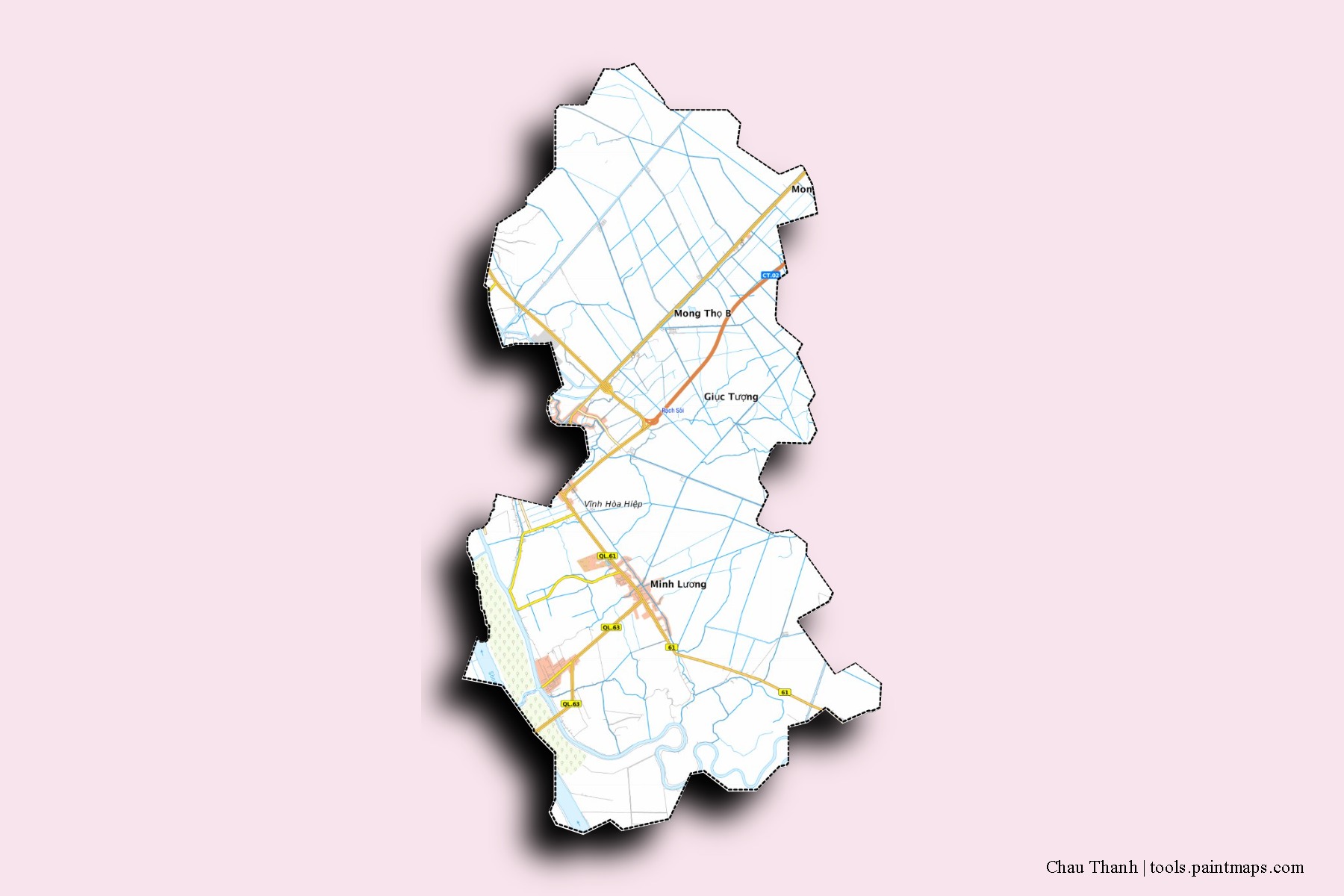 Mapa de barrios y pueblos de Chau Thanh con efecto de sombra 3D