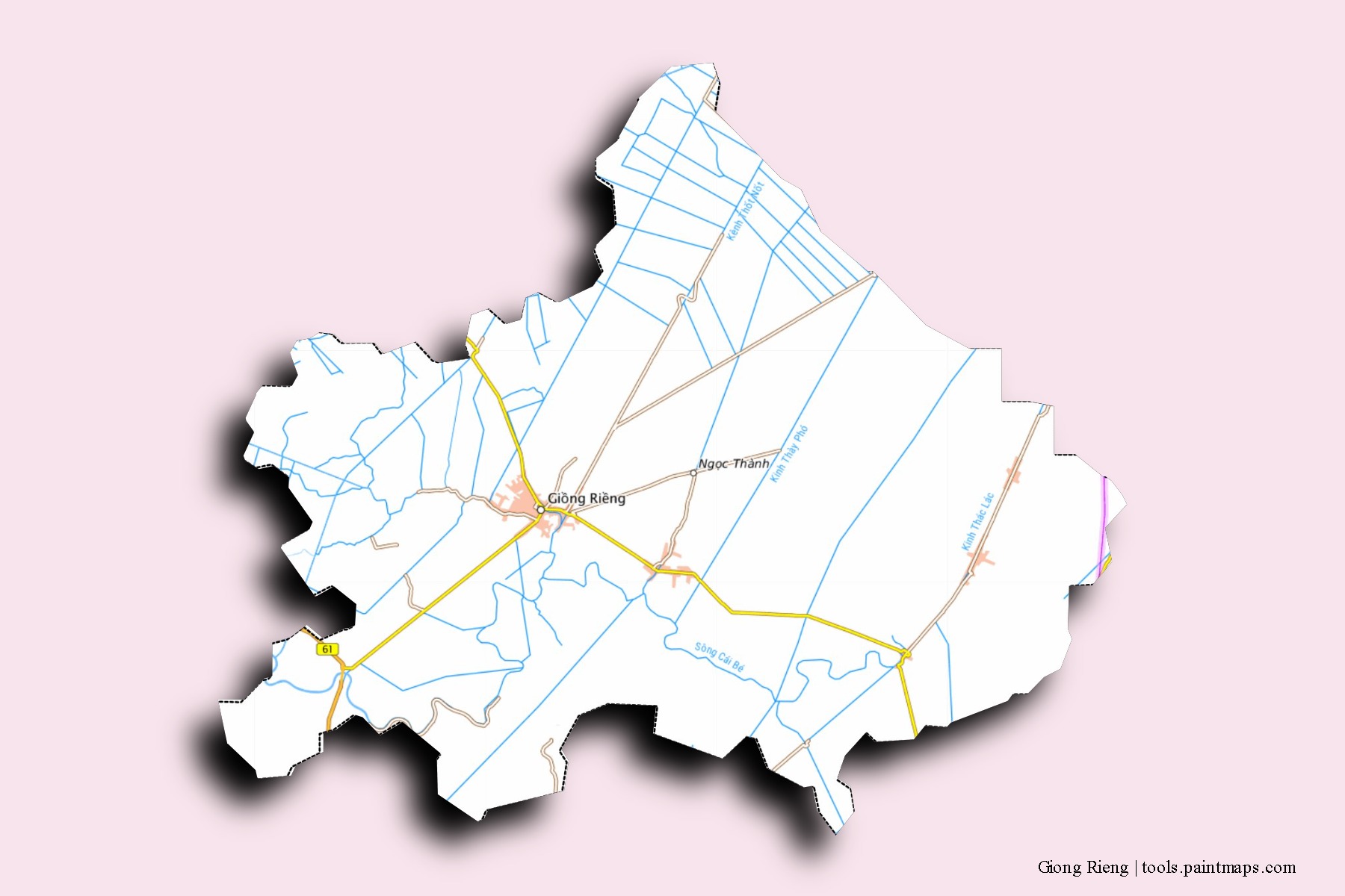 Giong Rieng neighborhoods and villages map with 3D shadow effect