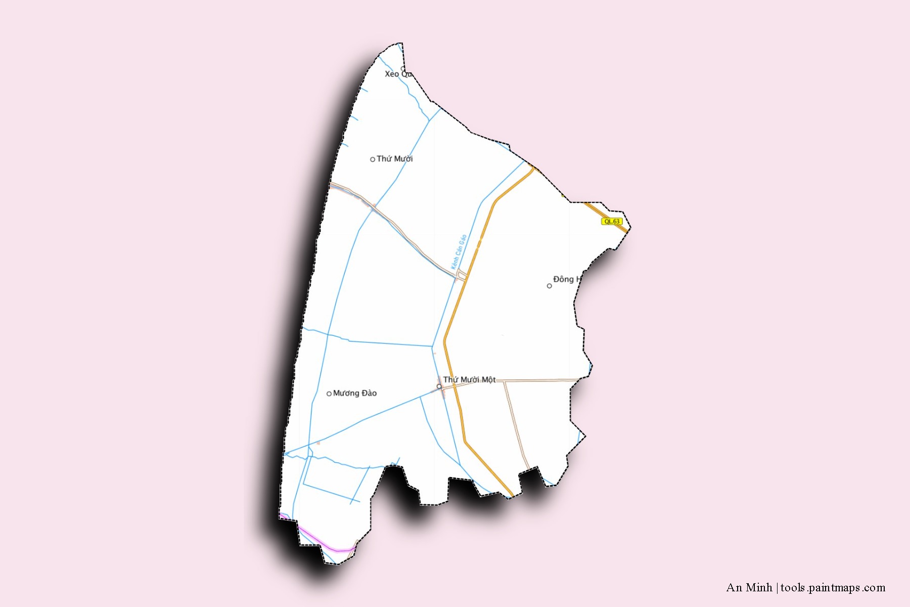 Mapa de barrios y pueblos de An Minh con efecto de sombra 3D