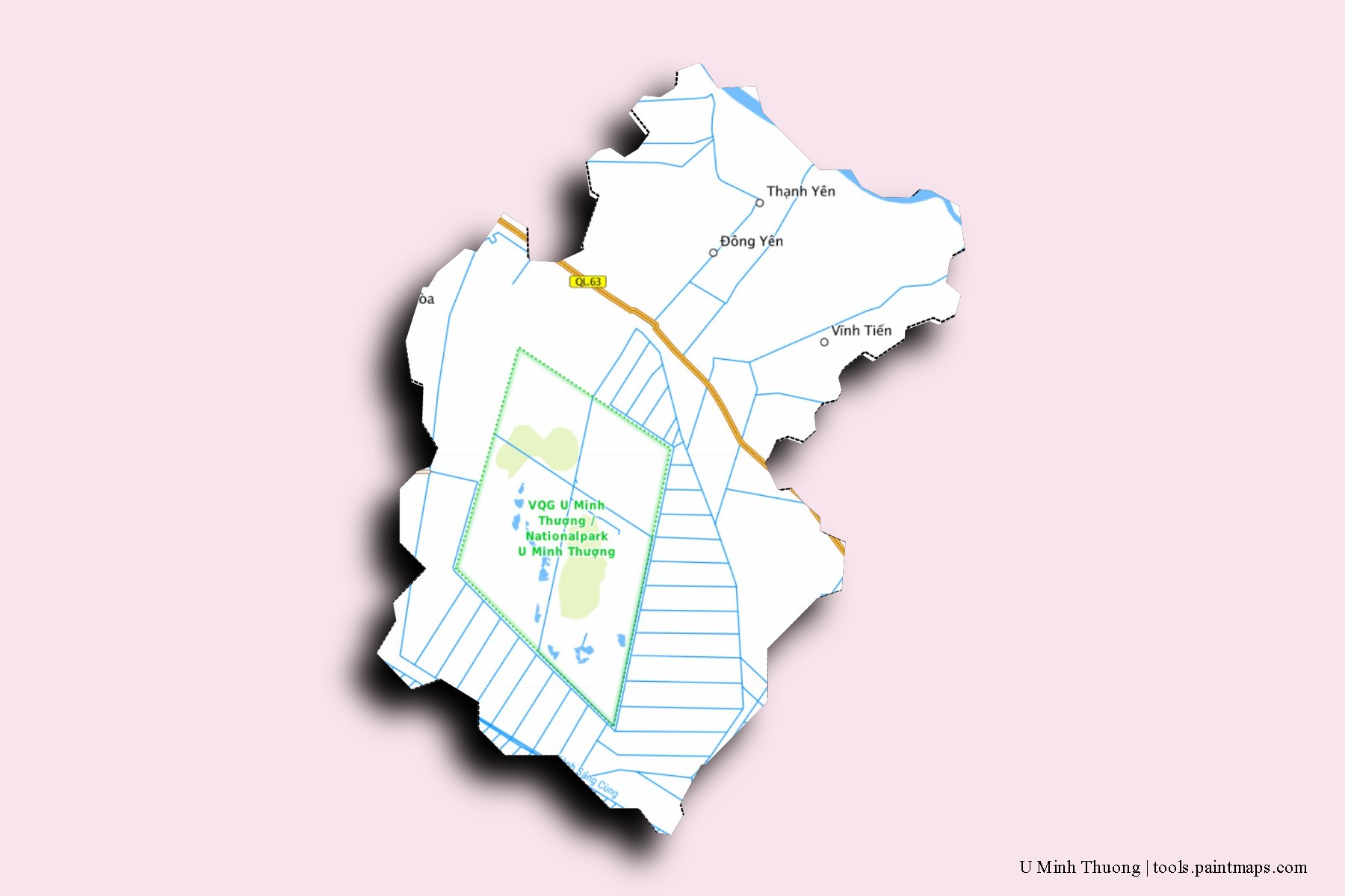 U Minh Thuong neighborhoods and villages map with 3D shadow effect