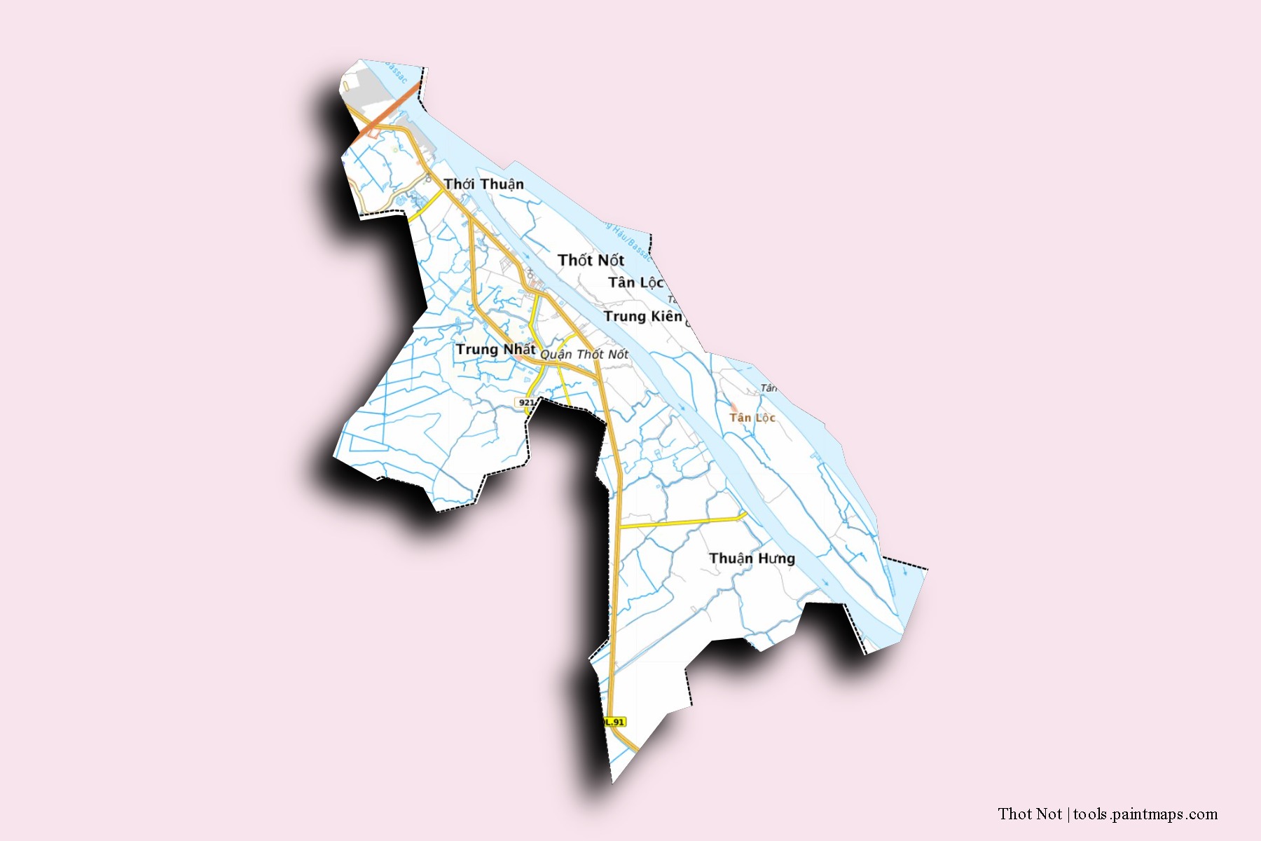 Mapa de barrios y pueblos de Thot Not con efecto de sombra 3D