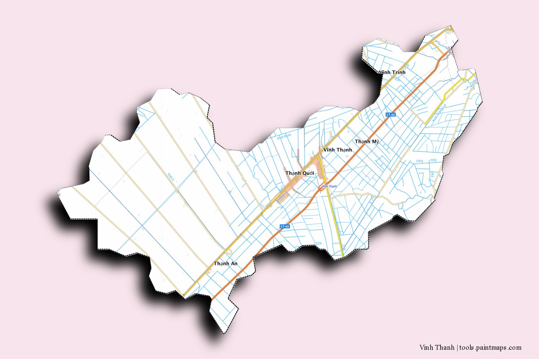 Vinh Thanh neighborhoods and villages map with 3D shadow effect