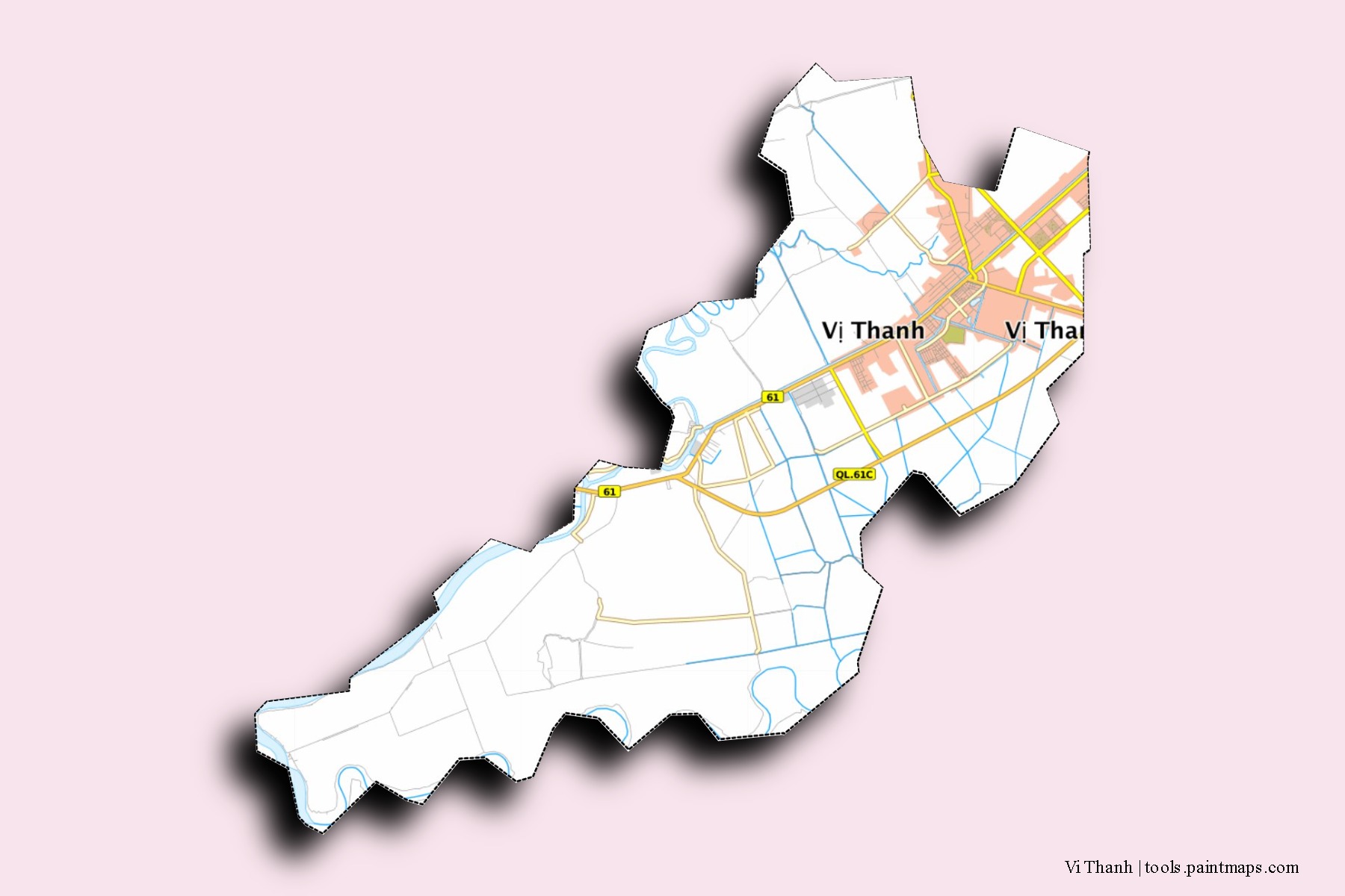 Mapa de barrios y pueblos de Vi Thanh con efecto de sombra 3D