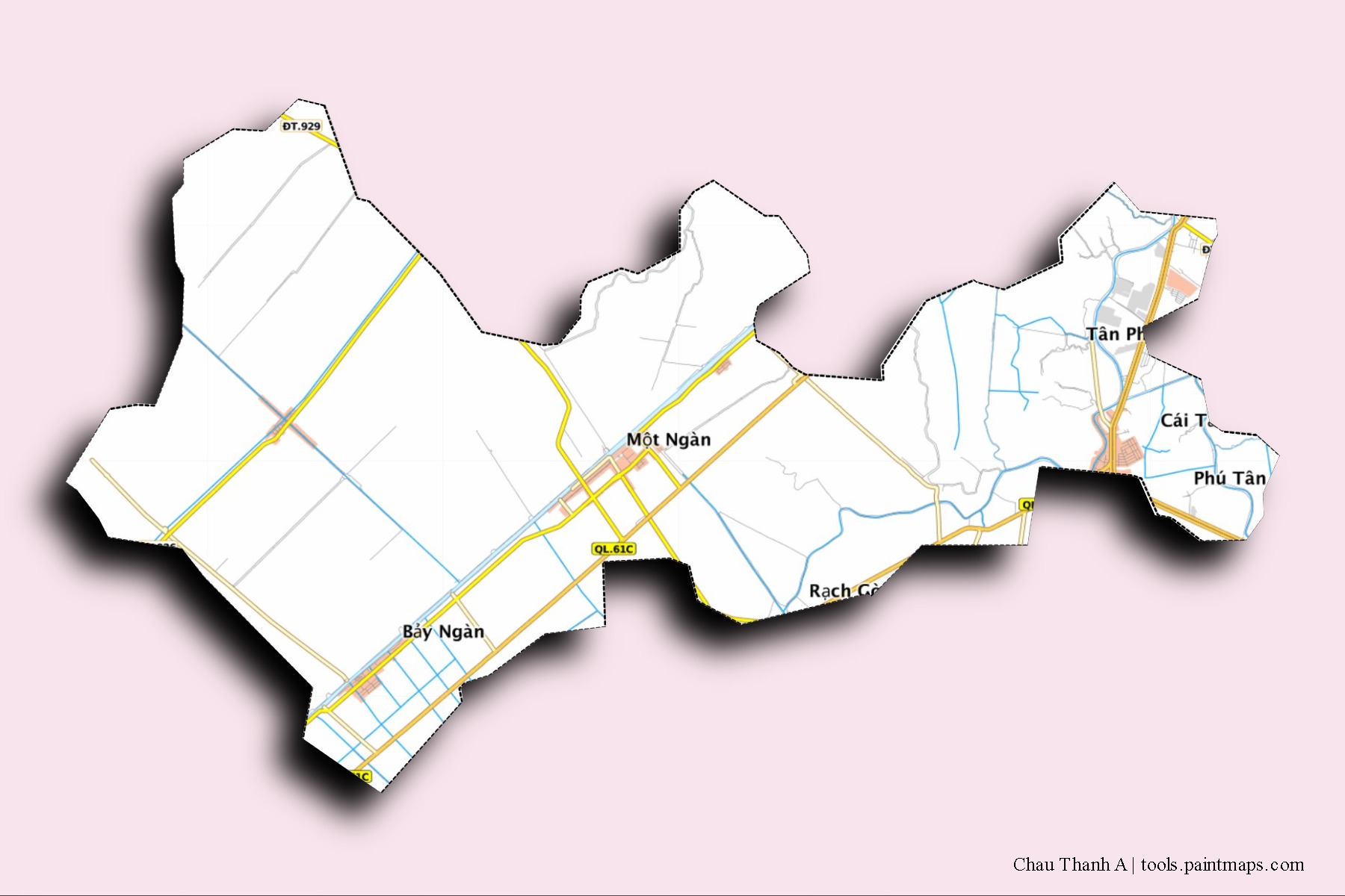 Chau Thanh A neighborhoods and villages map with 3D shadow effect