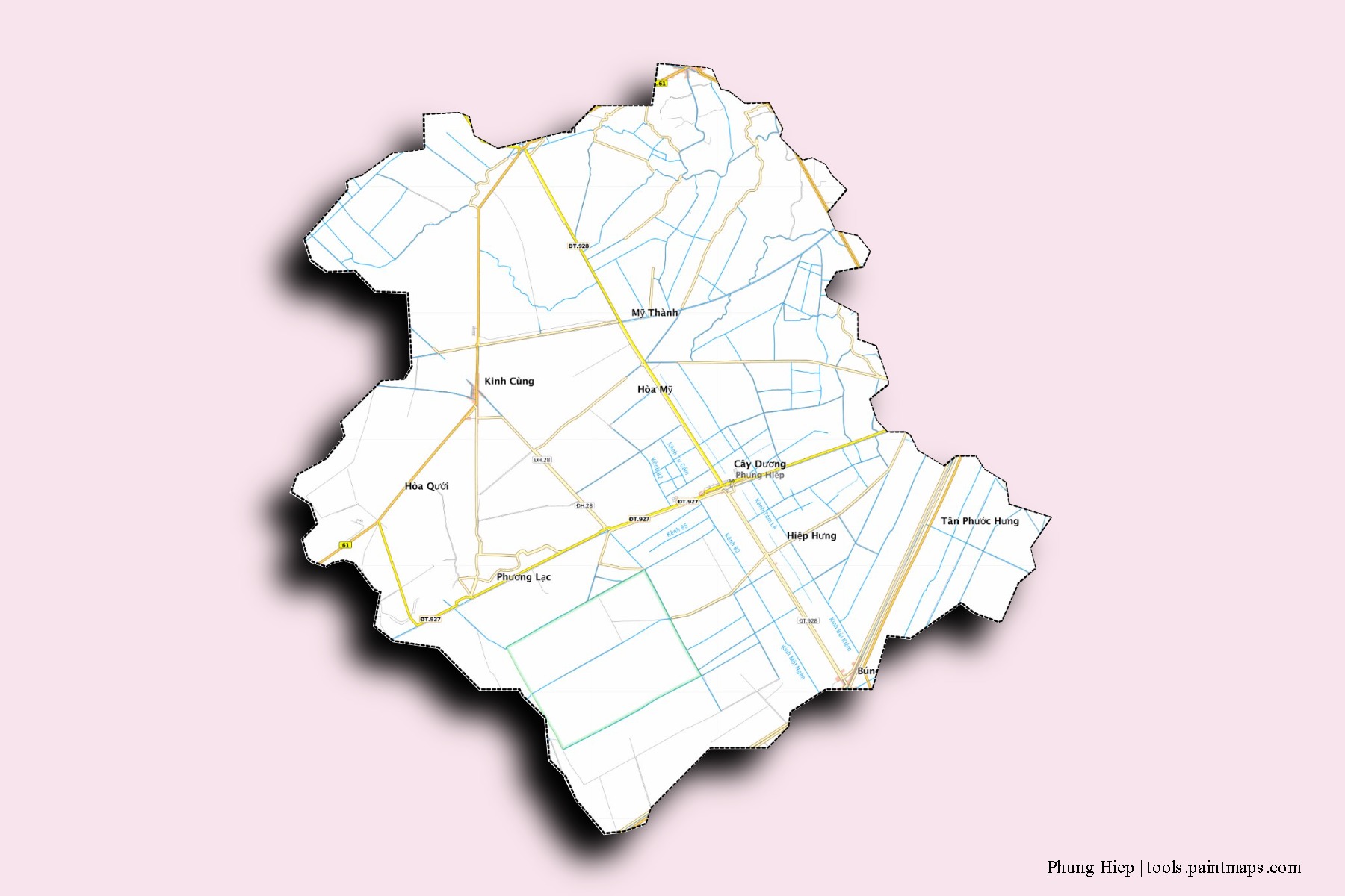 Phung Hiep neighborhoods and villages map with 3D shadow effect