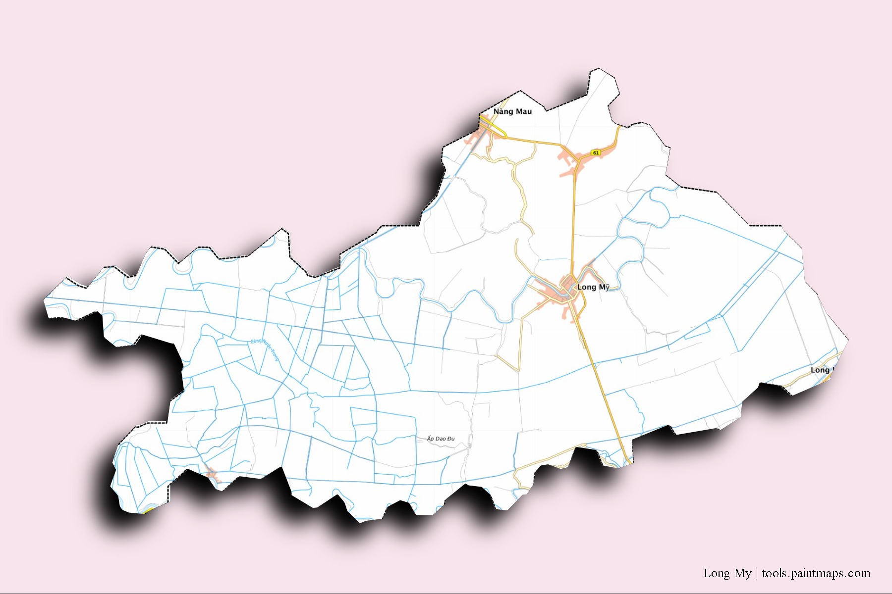 Mapa de barrios y pueblos de Long My con efecto de sombra 3D