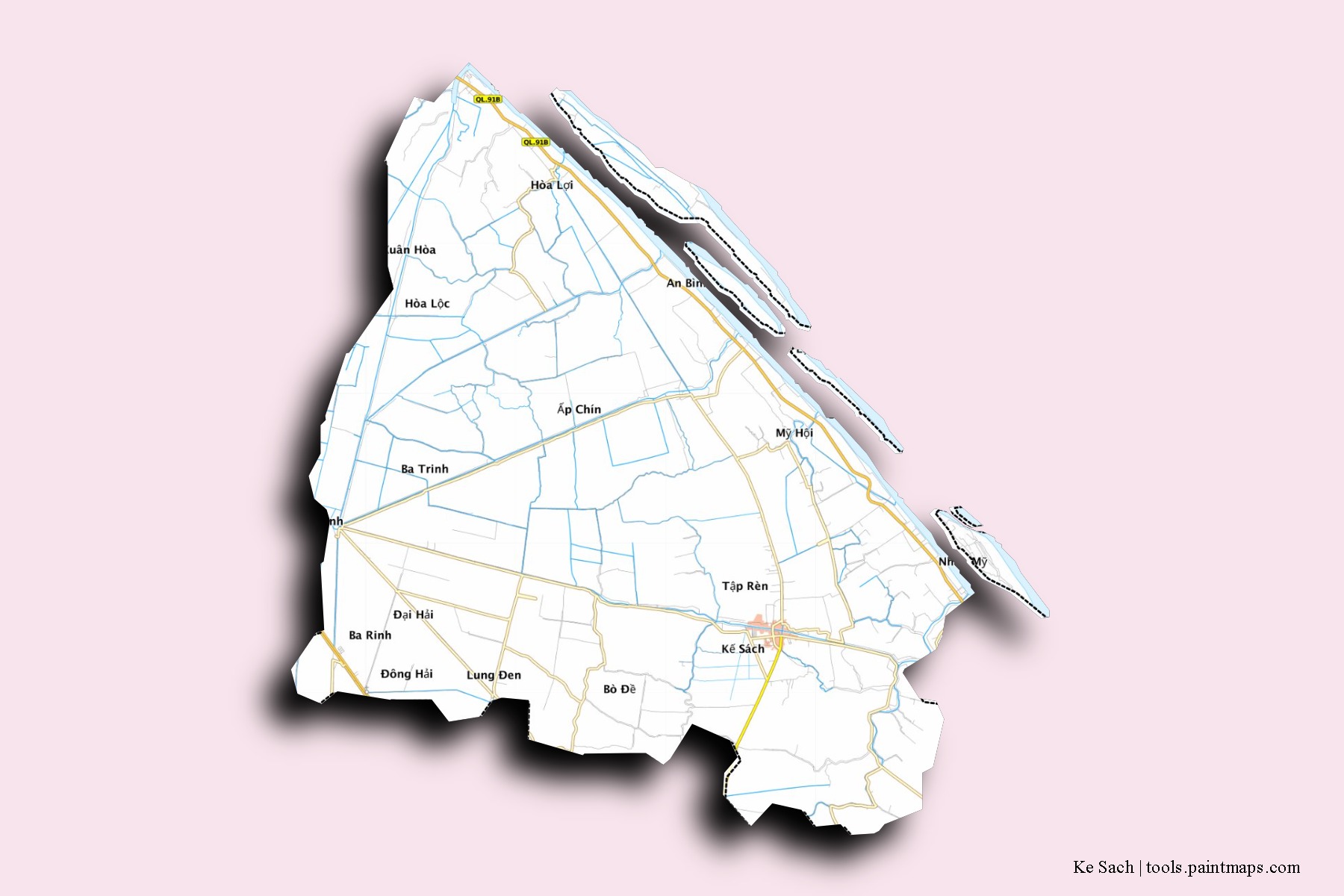 Ke Sach neighborhoods and villages map with 3D shadow effect