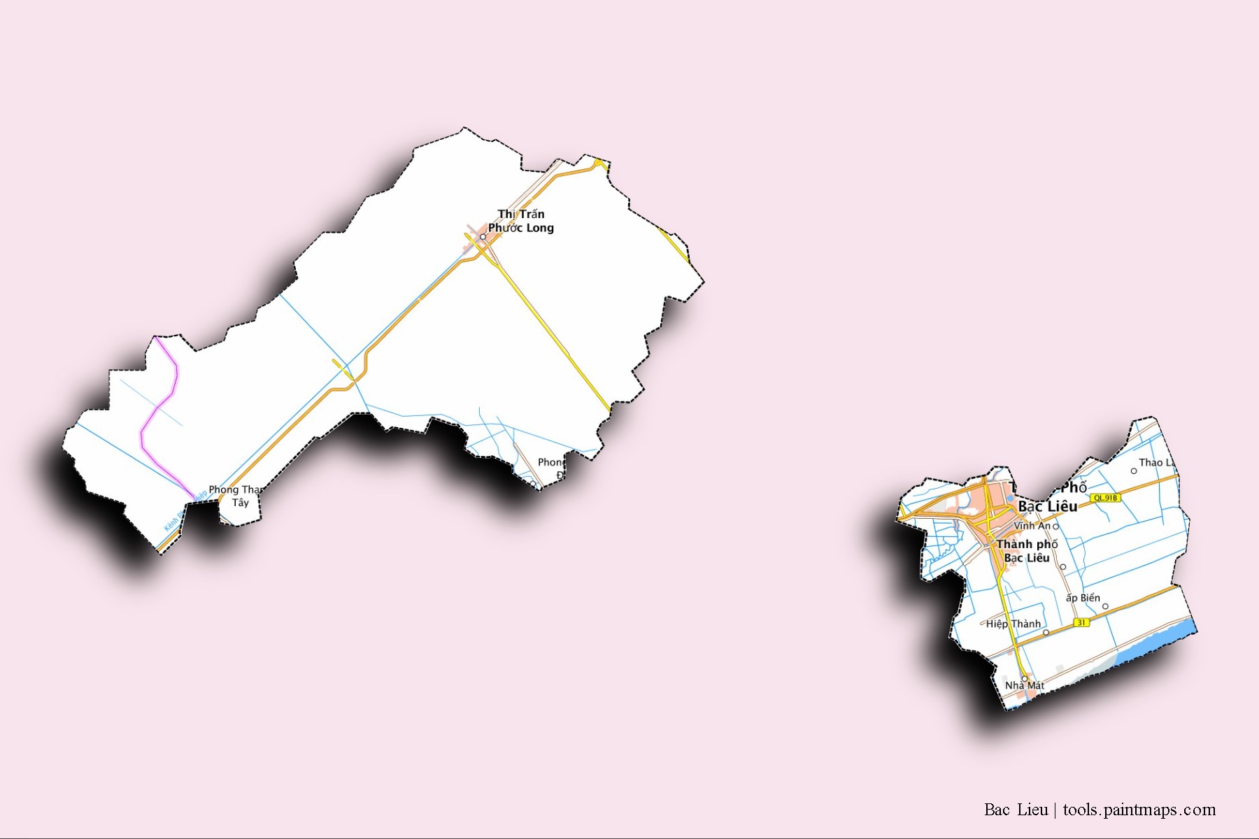 Mapa de barrios y pueblos de Bac Lieu con efecto de sombra 3D