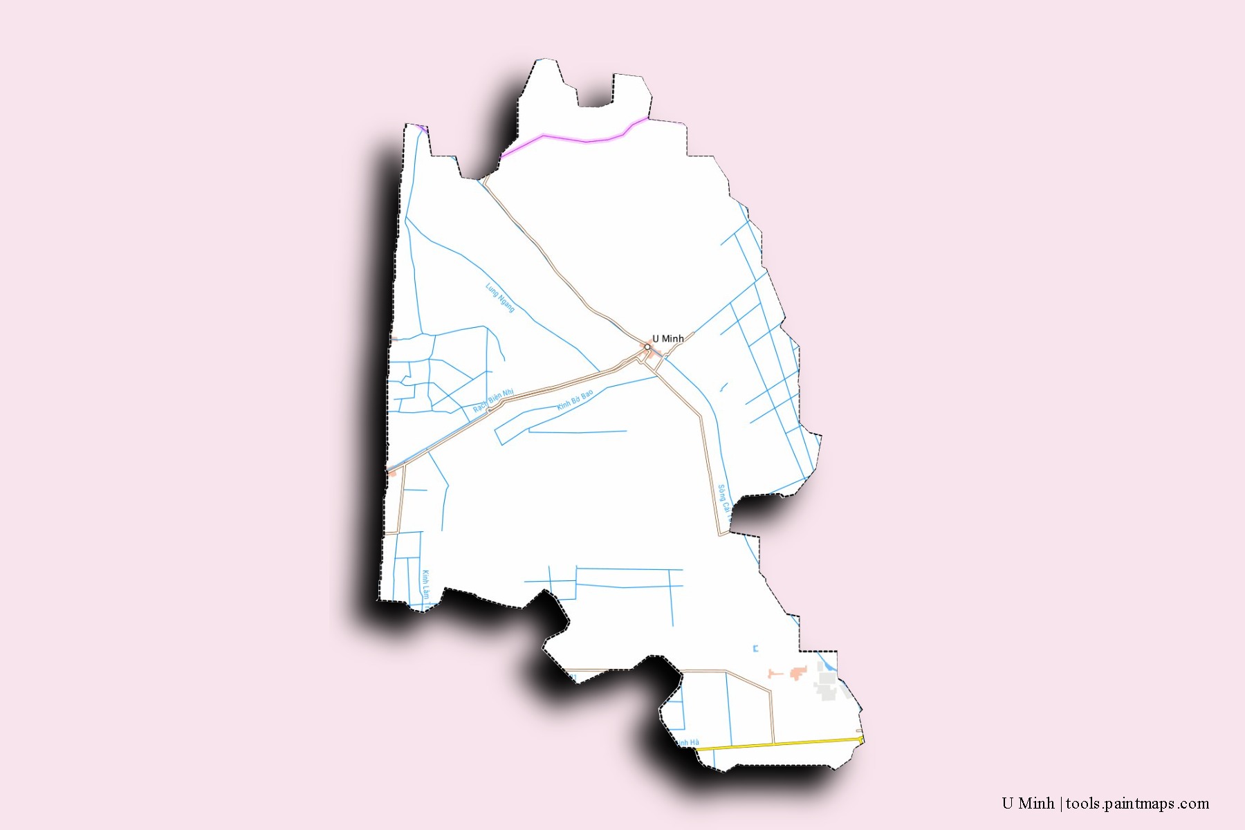 U Minh neighborhoods and villages map with 3D shadow effect