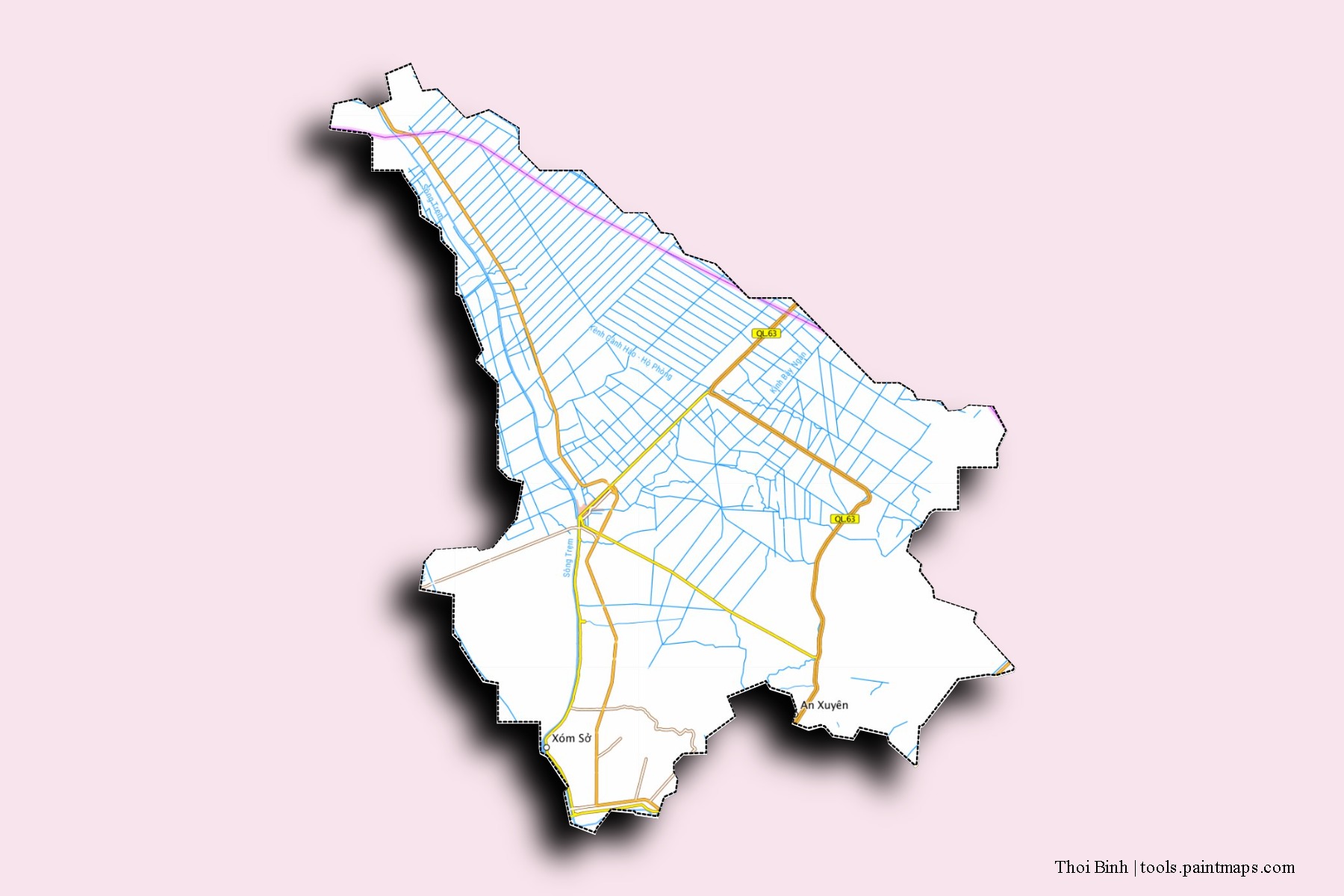 Thoi Binh neighborhoods and villages map with 3D shadow effect