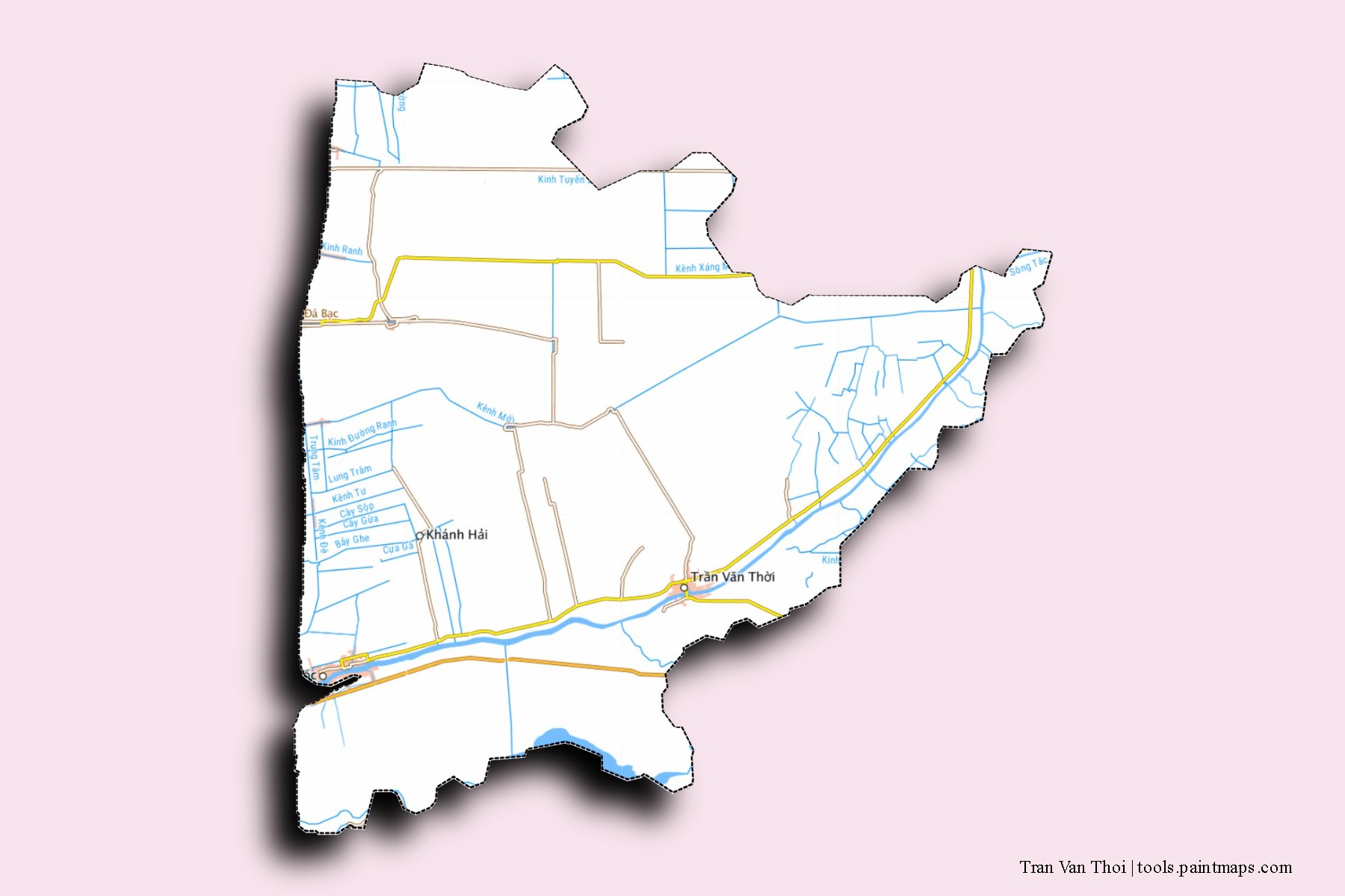 Mapa de barrios y pueblos de Tran Van Thoi con efecto de sombra 3D