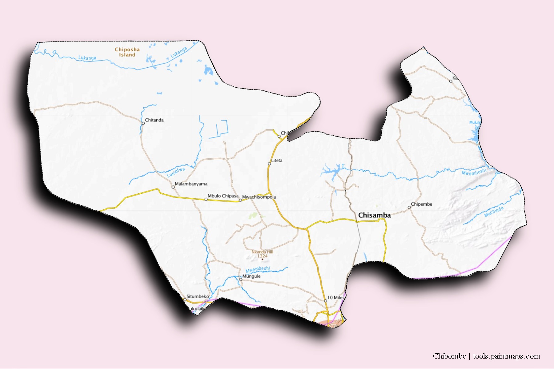 3D gölge efektli Chibombo mahalleleri ve köyleri haritası