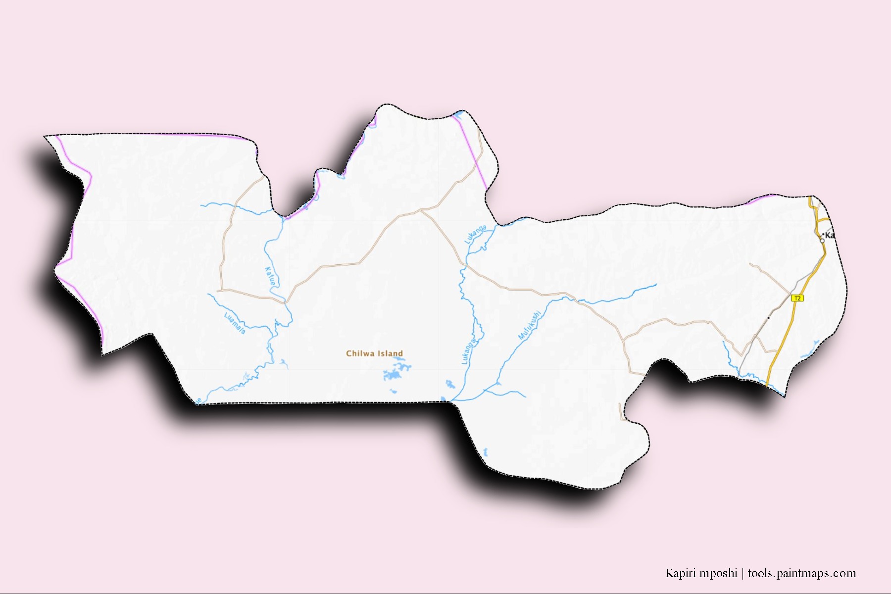 Kapiri Mposhi neighborhoods and villages map with 3D shadow effect