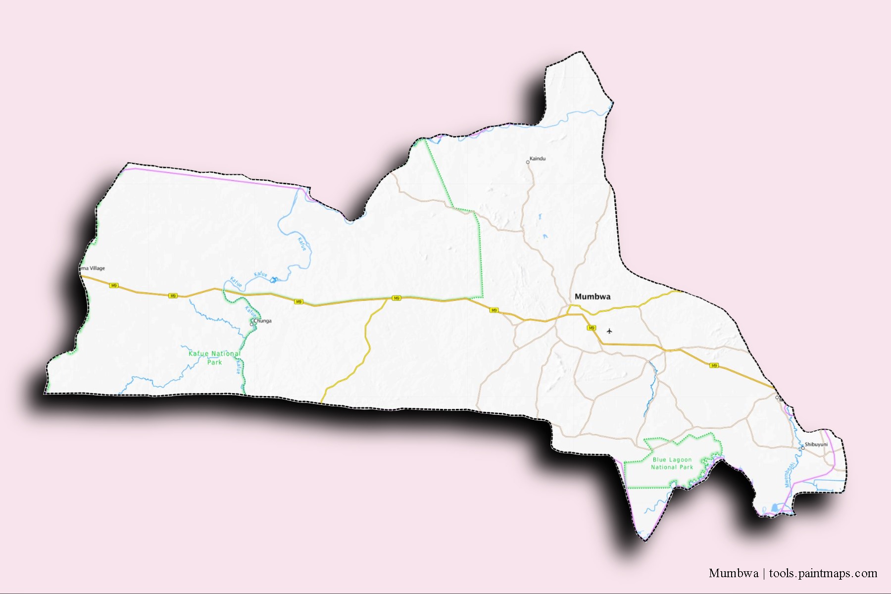 Mapa de barrios y pueblos de Mumbwa con efecto de sombra 3D