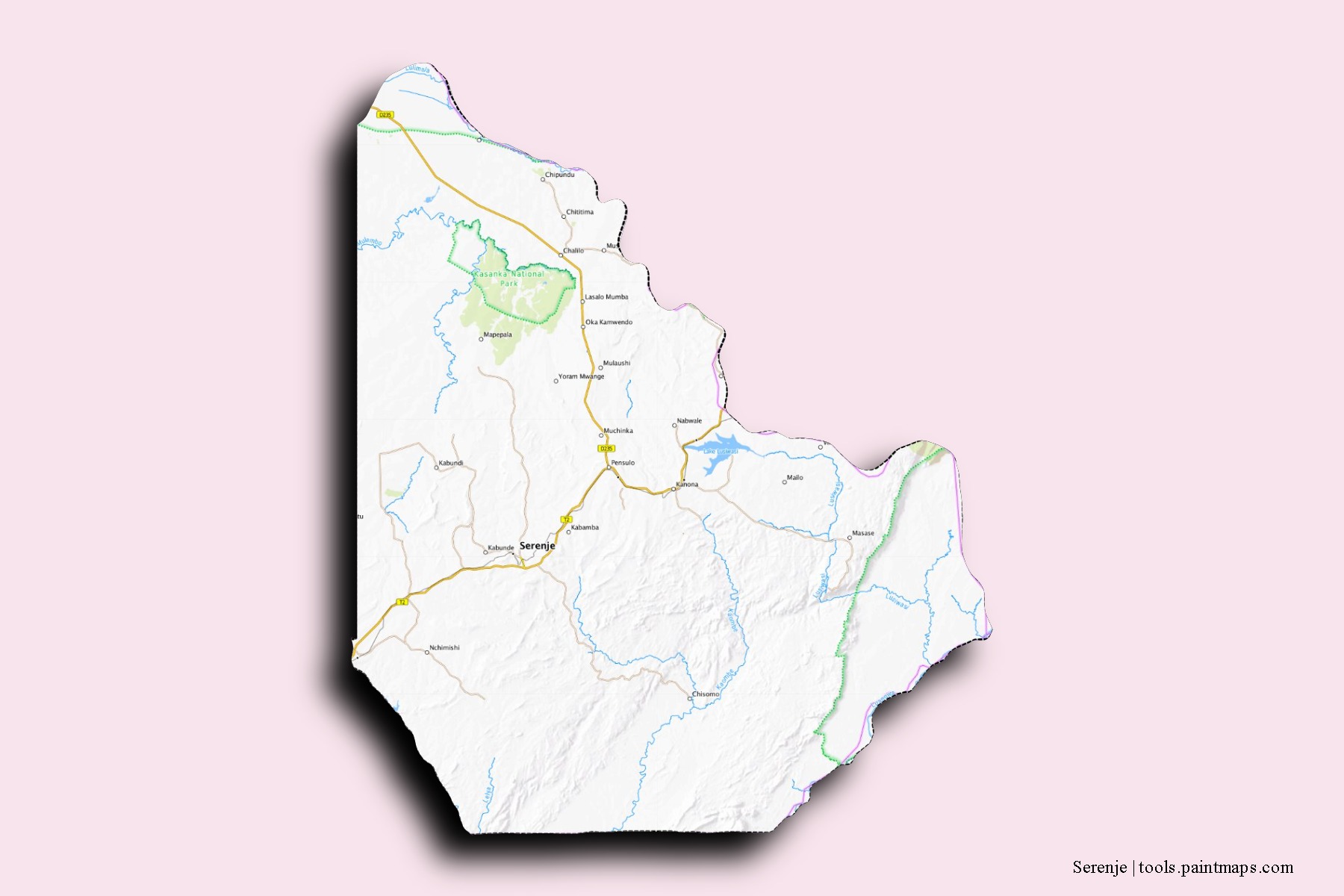 Mapa de barrios y pueblos de Serenje con efecto de sombra 3D