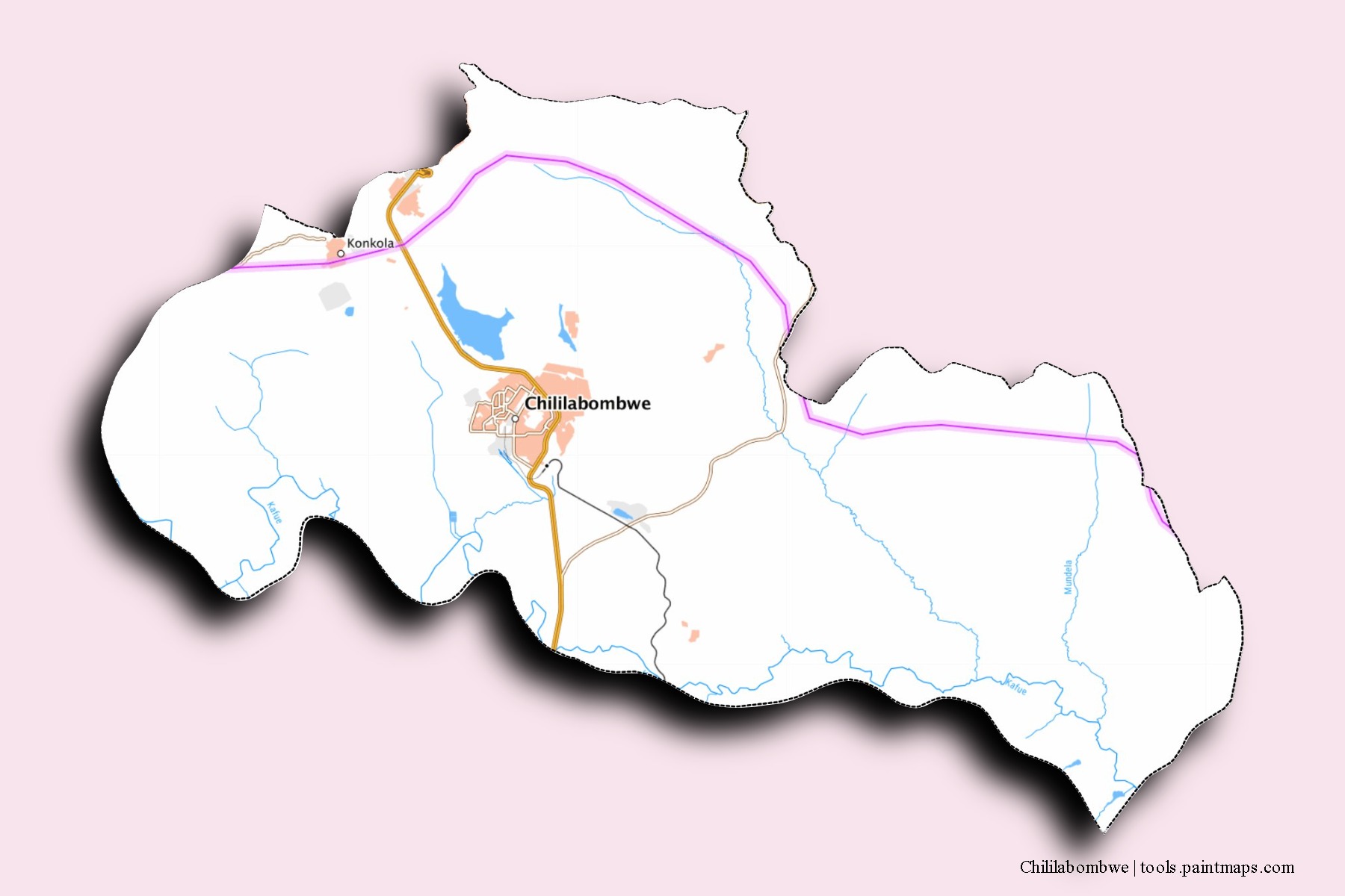 Chililabombwe neighborhoods and villages map with 3D shadow effect