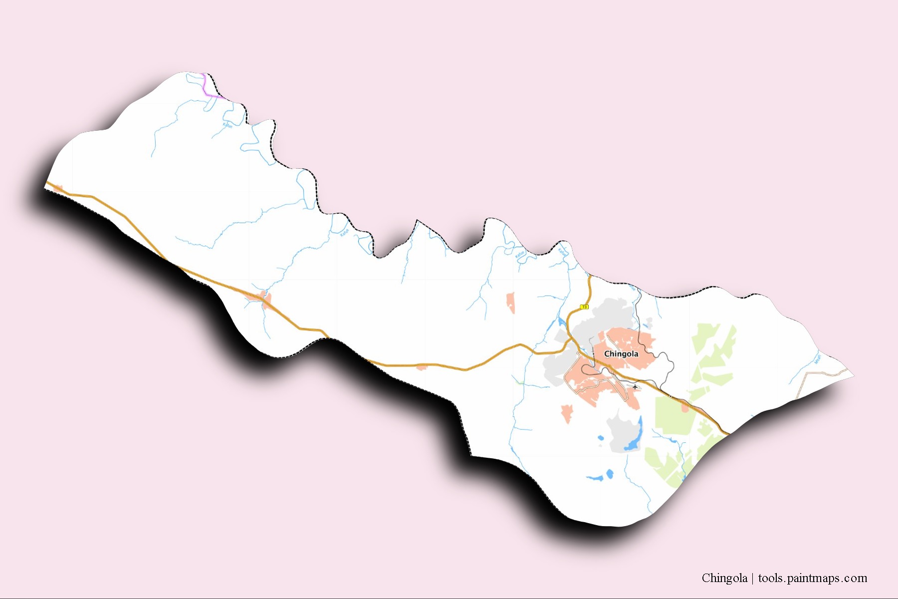 Mapa de barrios y pueblos de Chingola con efecto de sombra 3D