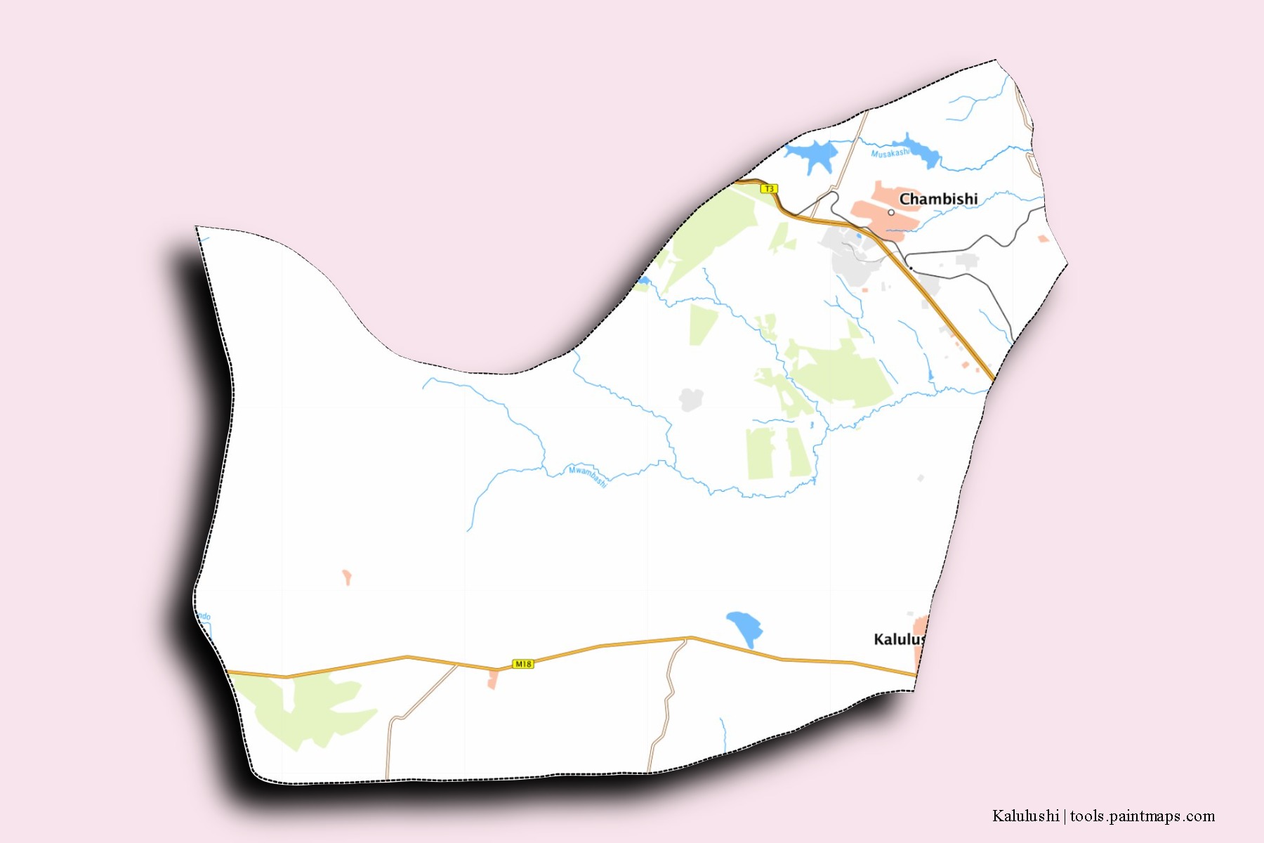 Mapa de barrios y pueblos de Kalulushi con efecto de sombra 3D